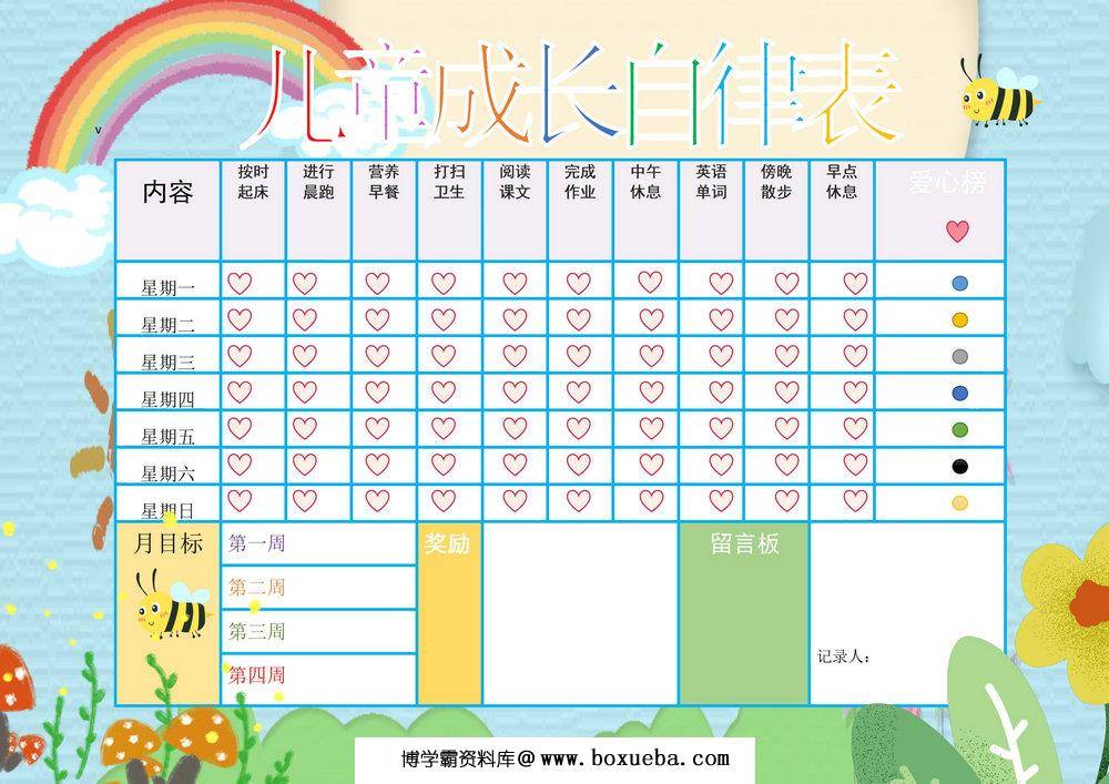 简洁蓝色植物儿童成长自律表，word可打印-博学霸资料网