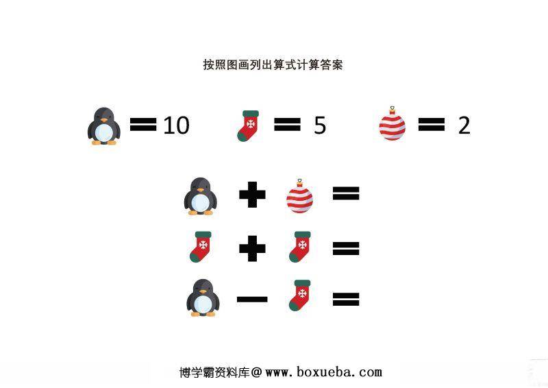 图案数字转换加减法，按照图画列出算式计算答案，可打印-博学霸资料网