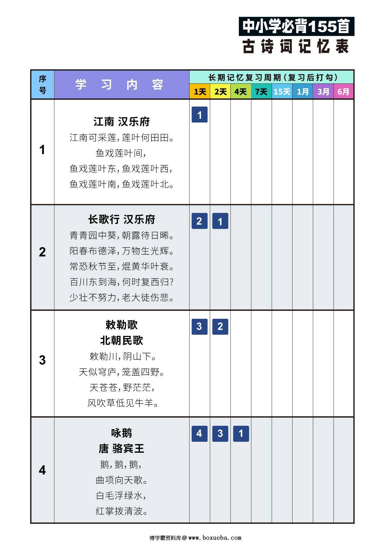 155首古诗词艾宾浩斯记忆表，43页PDF可打印-博学霸资料网