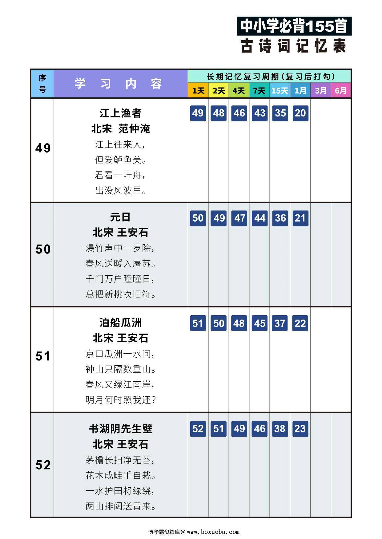 图片[3]-155首古诗词艾宾浩斯记忆表，43页PDF可打印-淘学学资料库