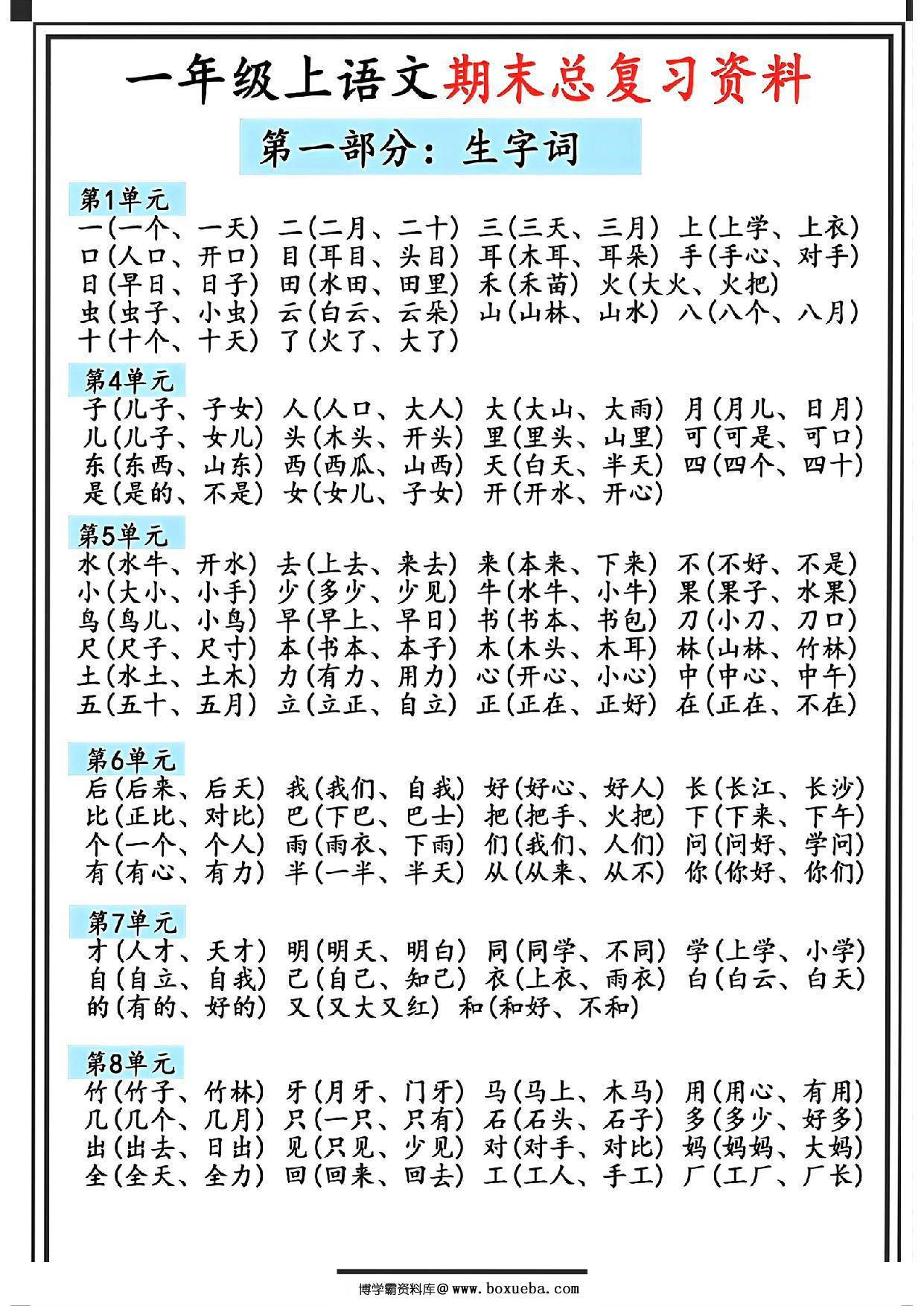 一年级上册语文期末总复习资料，5页PDF电子版可打印-博学霸资料网
