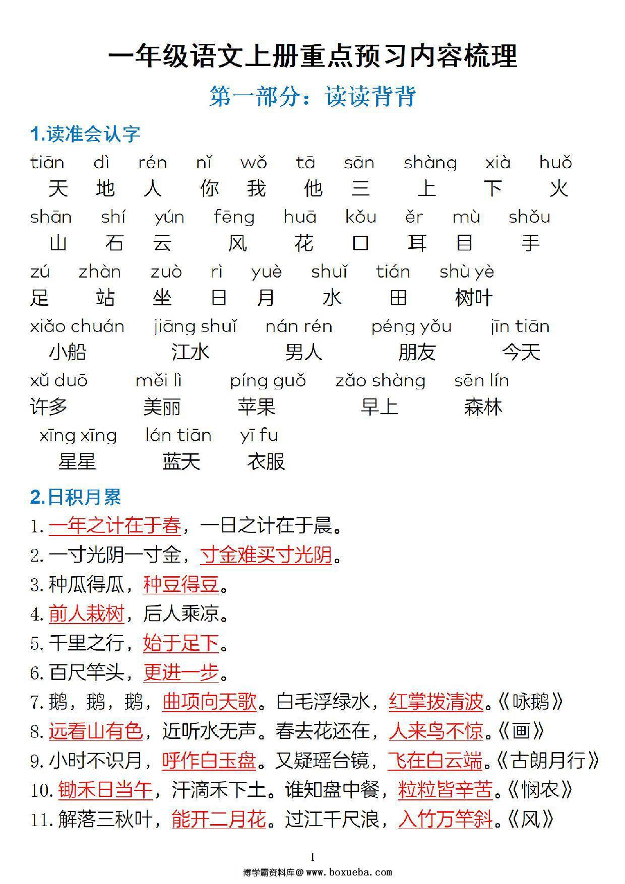 一年级上册语文必备知识点汇总，6页PDF电子版-博学霸资料网