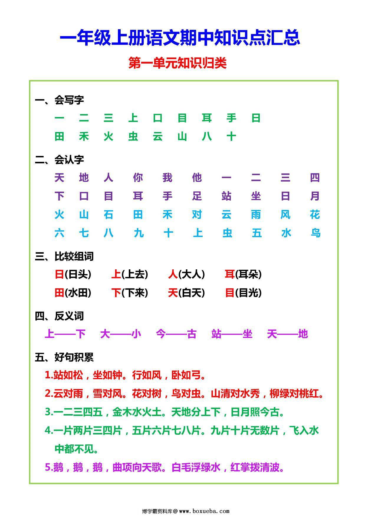 一年级上册语文期中知识点汇总，5页PDF可打印-博学霸资料网