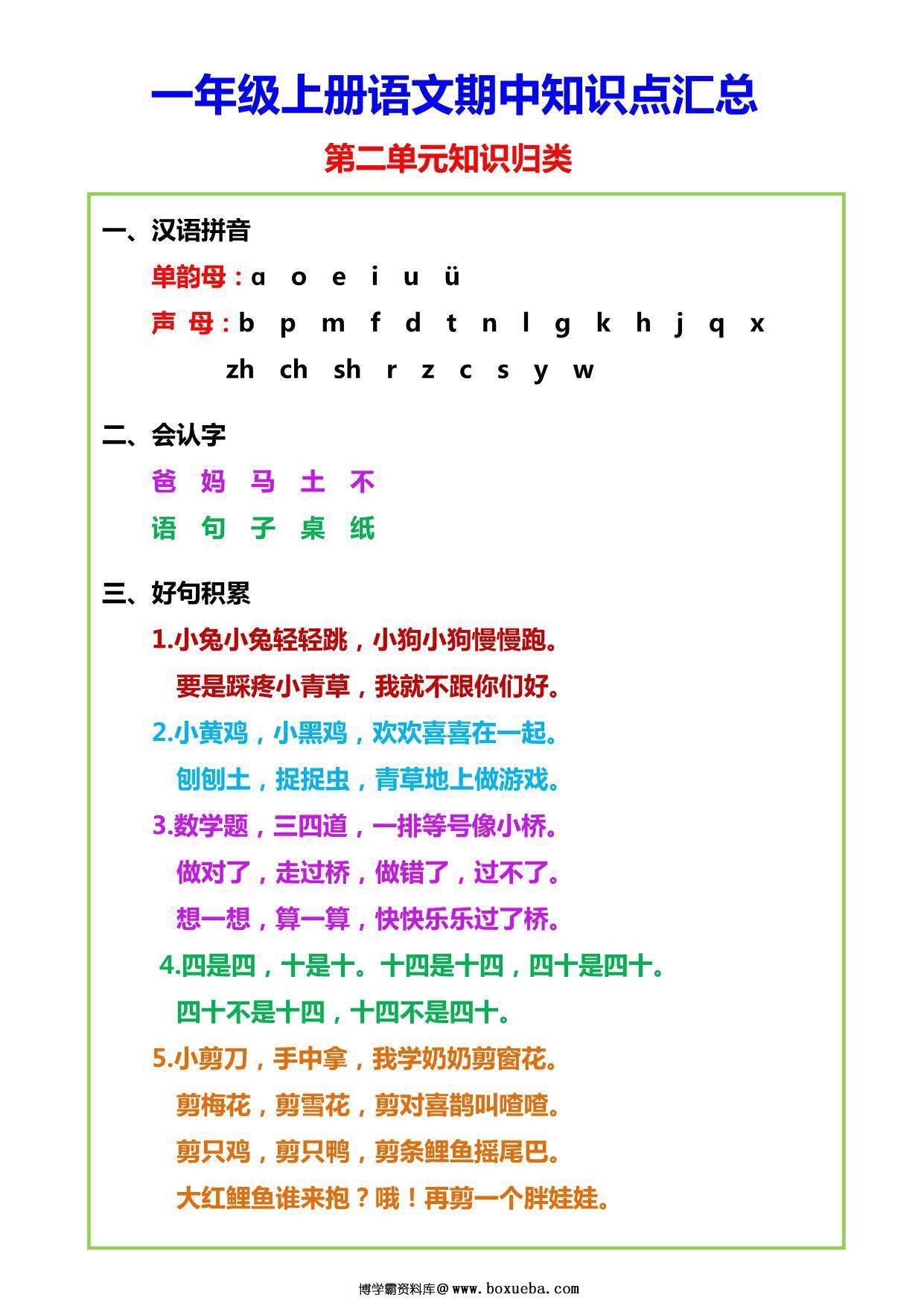 图片[2]-一年级上册语文期中知识点汇总，5页PDF可打印-淘学学资料库