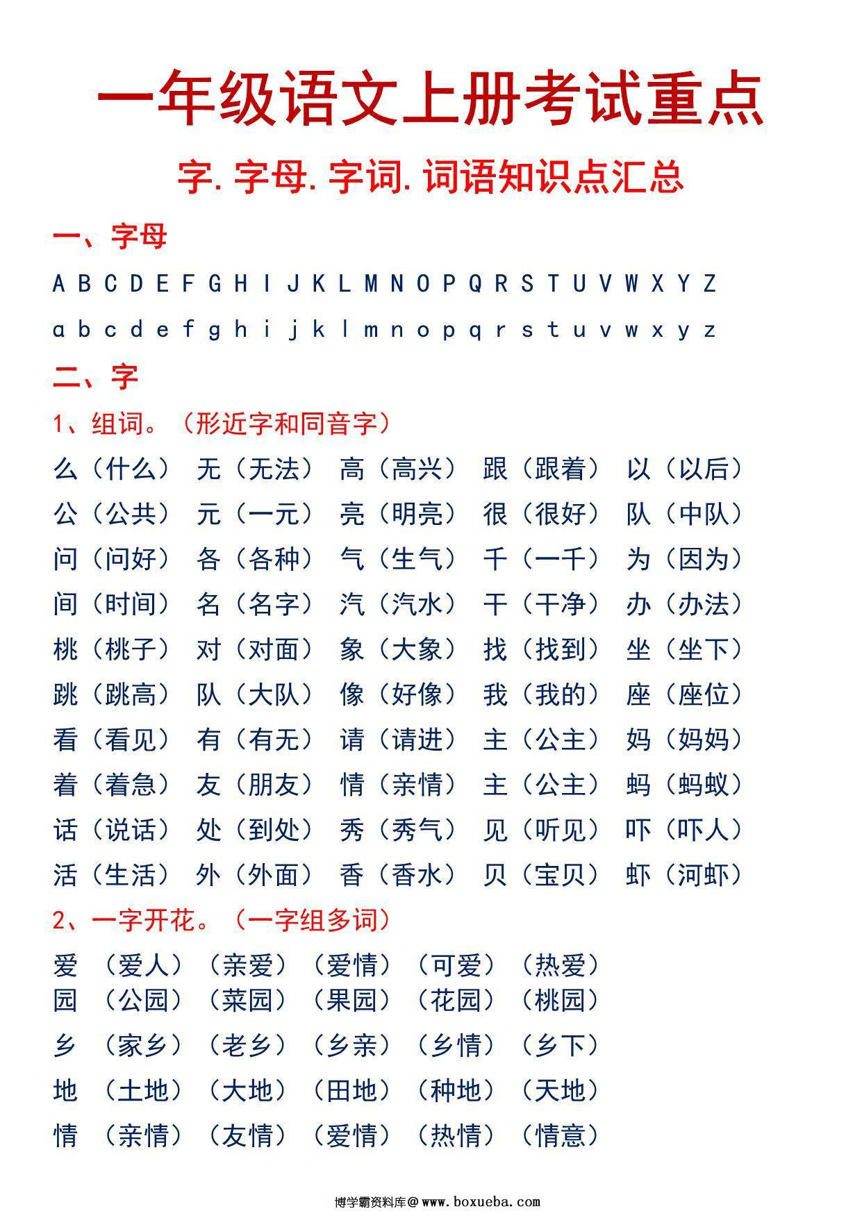 一年级语文上册考试重点 字.字母.字词.词语知识点汇总，7页PDF可打印-博学霸资料网
