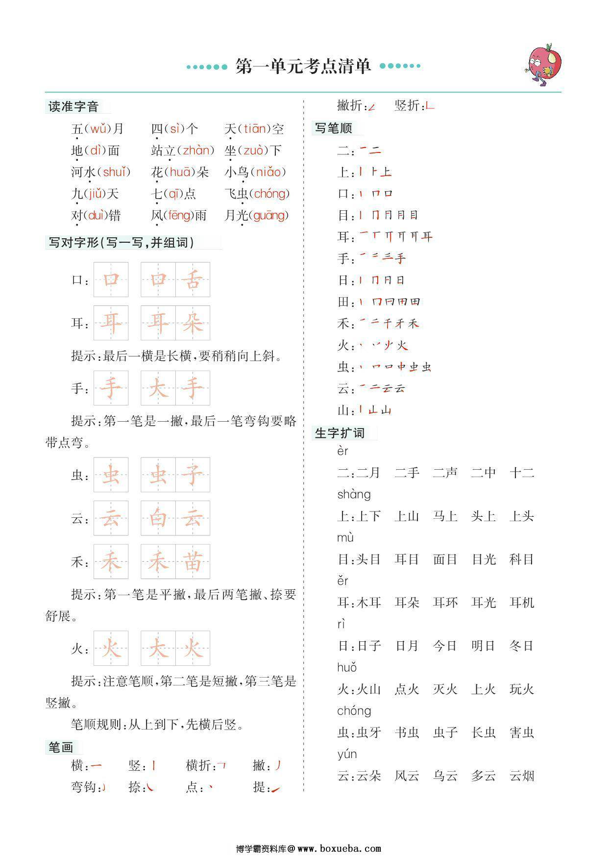 一年级上册语文1-8单元考点清单，14页PDF可打印-博学霸资料网