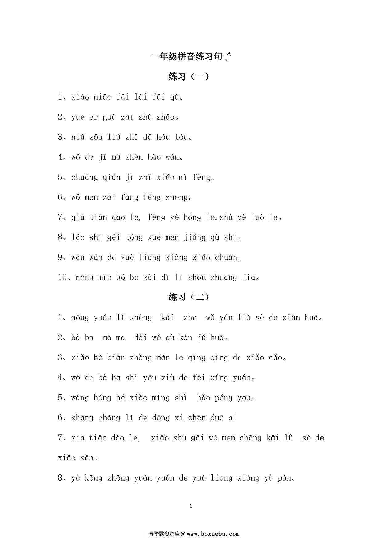 拼音句子练习，6页PDF可打印-博学霸资料网