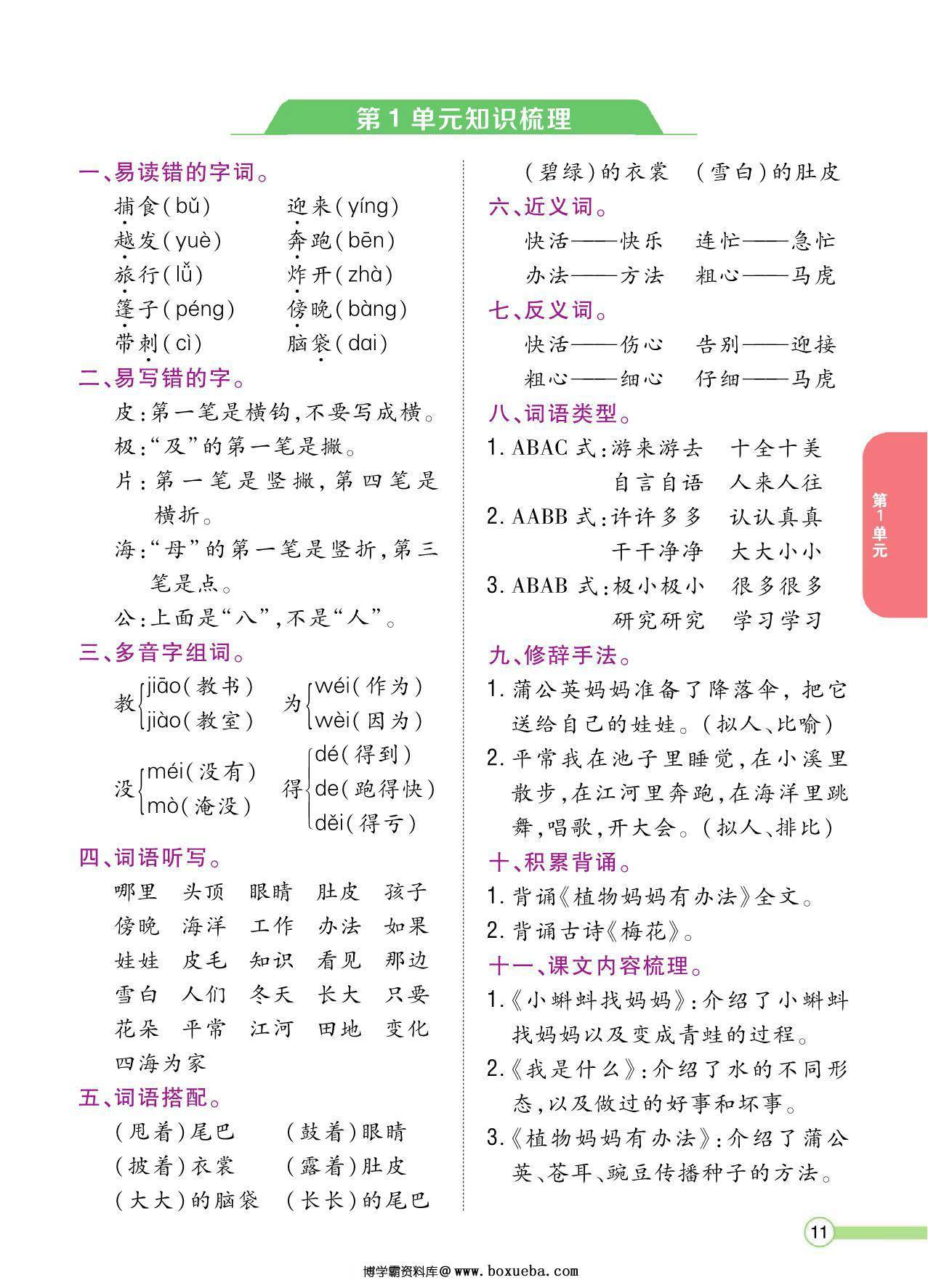 二年级语文上册单元知识梳理，8页PDF-博学霸资料网