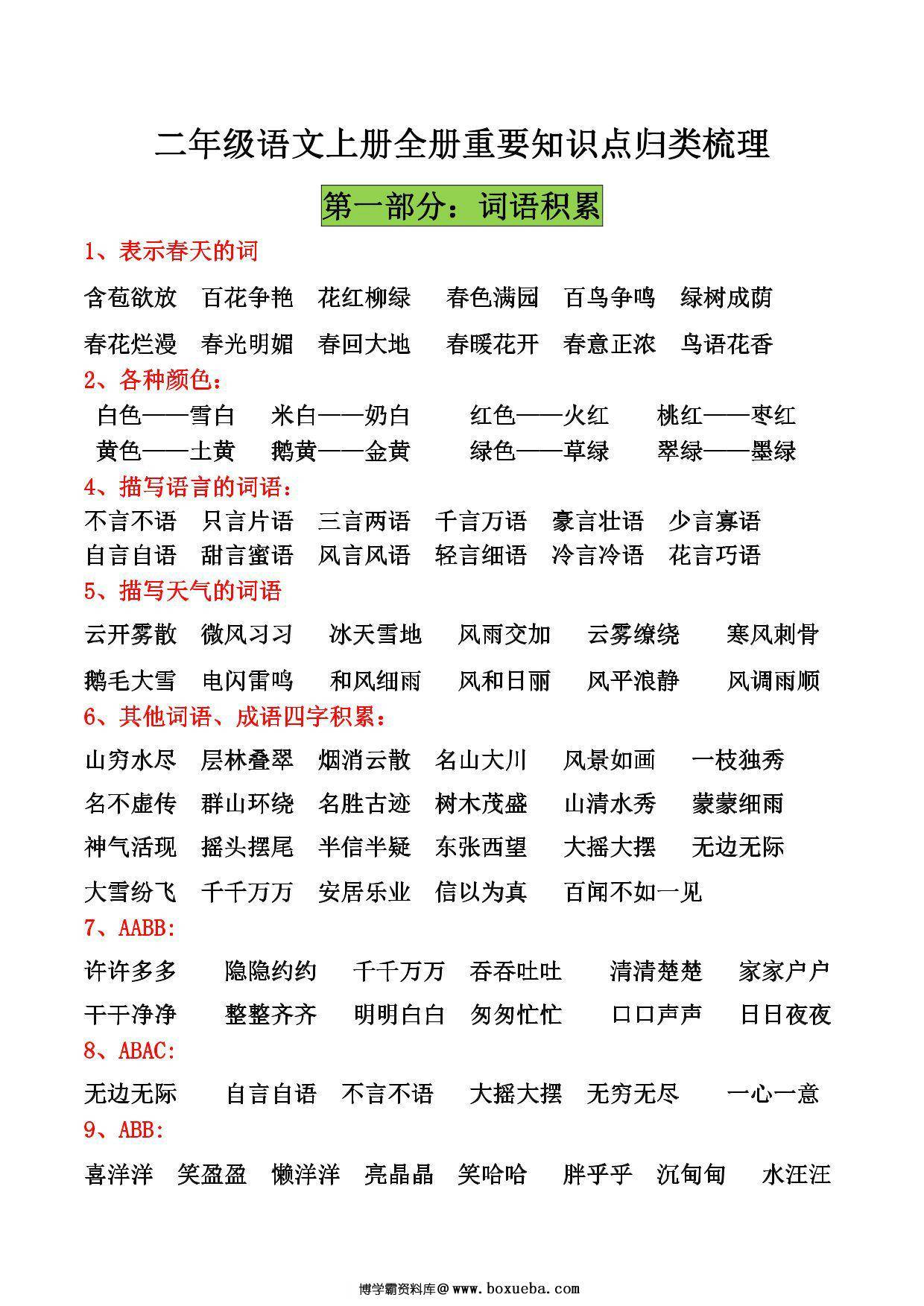 二年级语文上册全册重要知识点归类梳理，13页PDF可打印-博学霸资料网