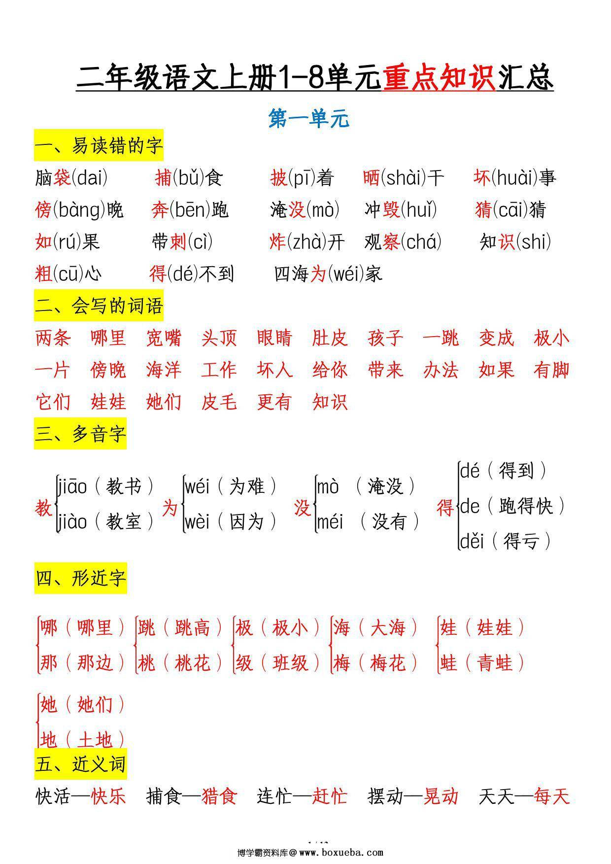 二年级语文上册1-8单元重点知识汇总，13页PDF可打印-博学霸资料网