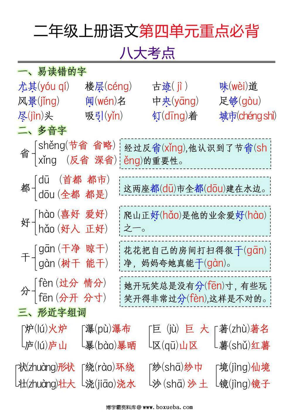 二年级上册语文第四单元重点必背八大考点，3页PDF可打印-博学霸资料网