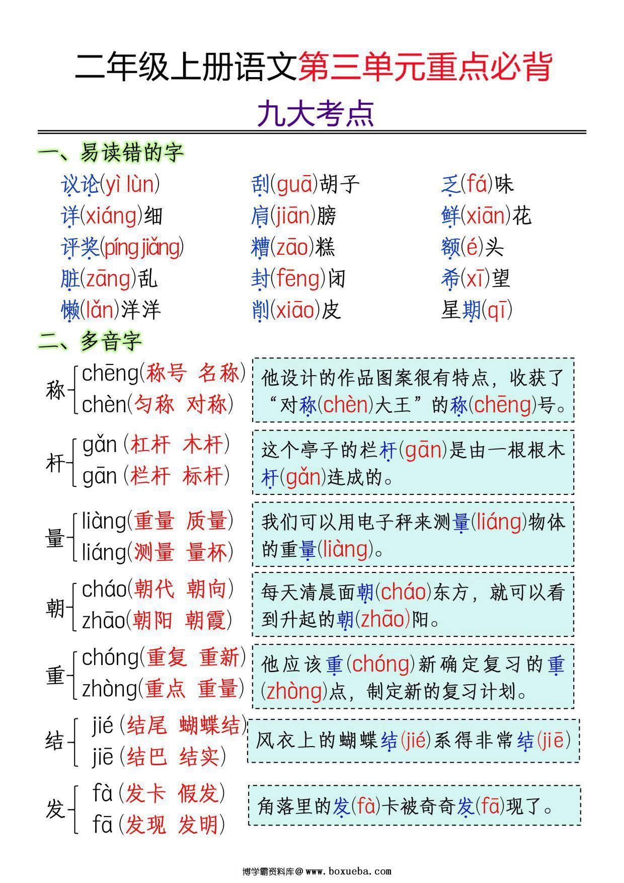 二年级上册语文第三单元重点必背九大考点，3页PDF电子版-博学霸资料网