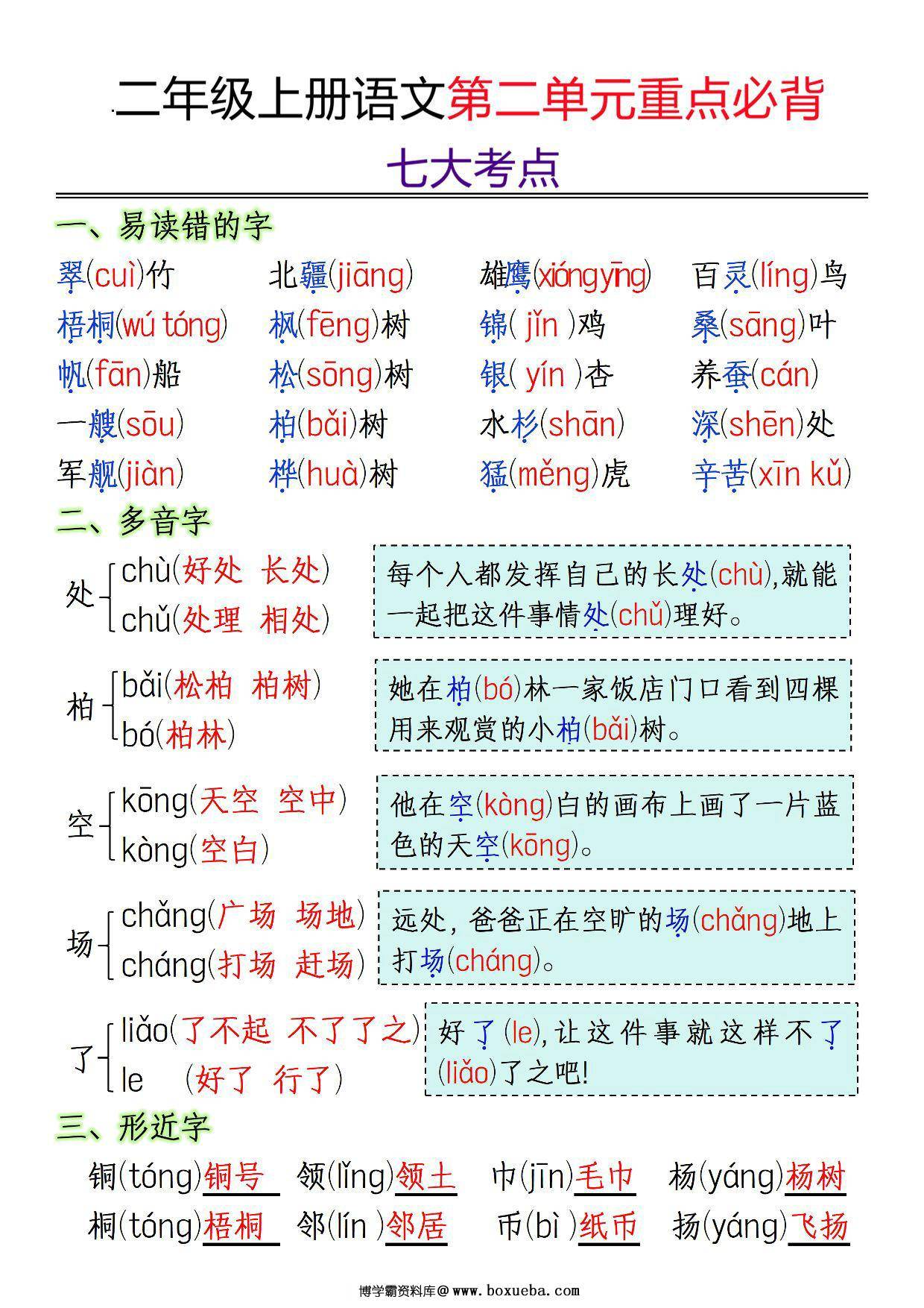 二年级上册语文第二单元重点必背七大考点，2页PDF可打印-博学霸资料网