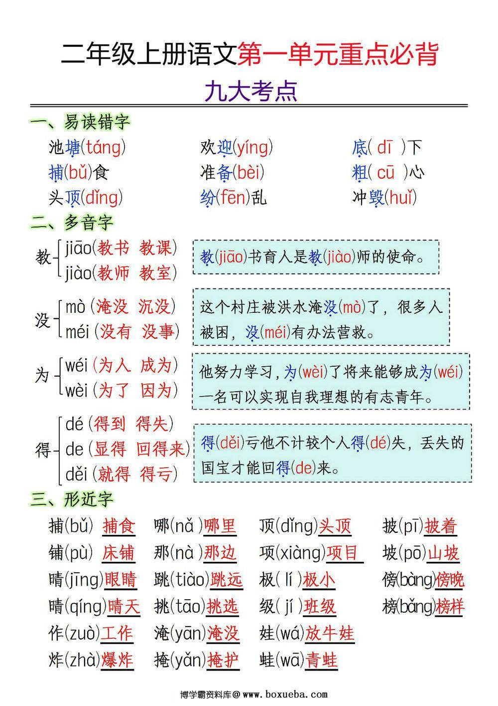 二年级上册语文第一单元重点必背九大考点，3页PDF电子版-博学霸资料网