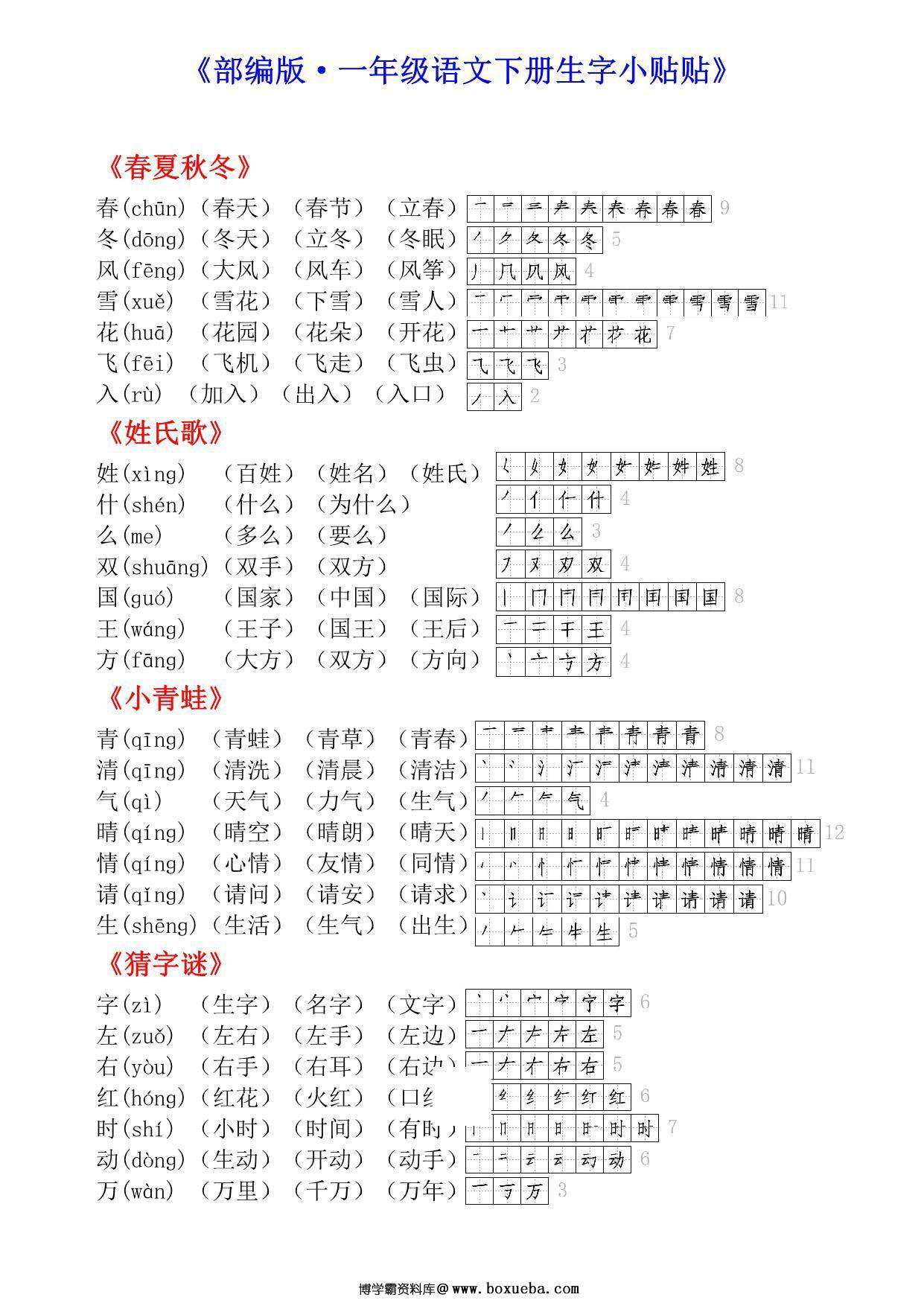 一年级语文下册生字小贴贴（生字拼音组词笔顺），7页PDF电子版-博学霸资料网