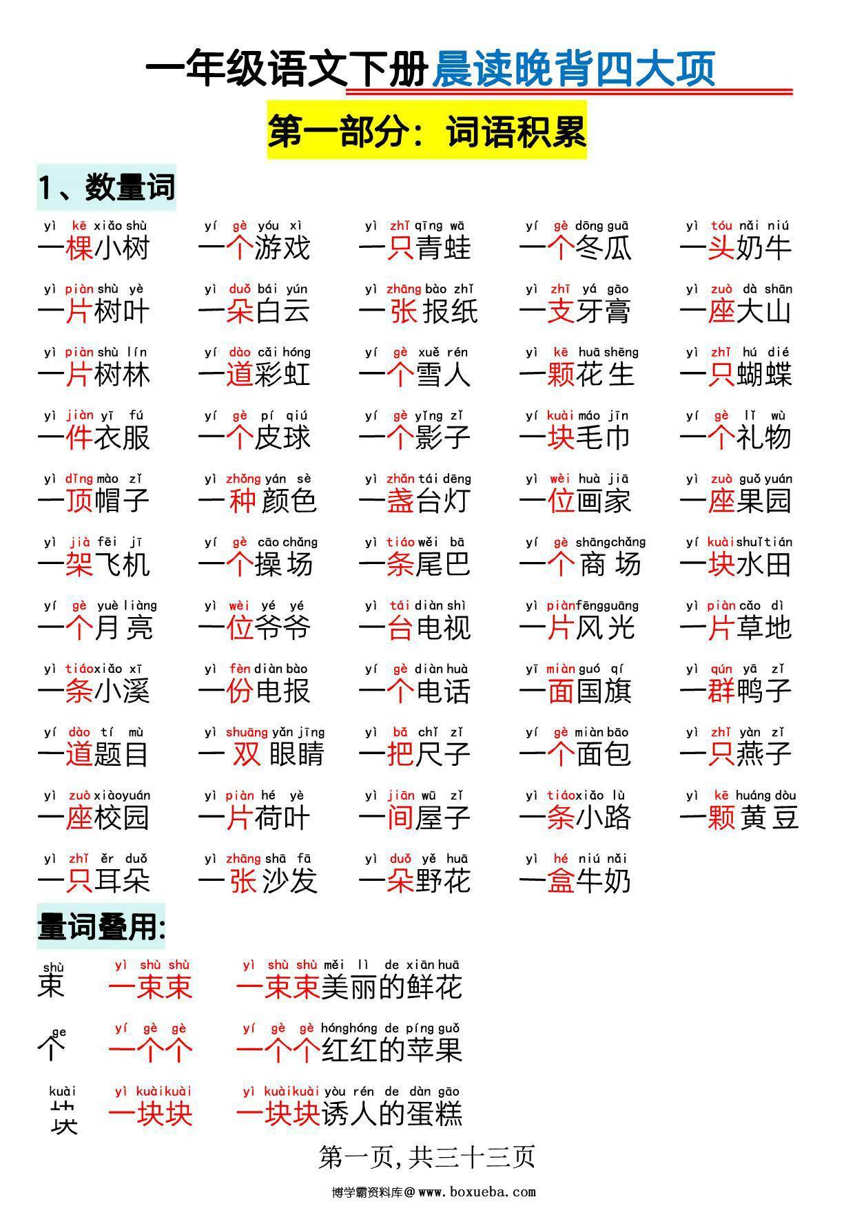 一年级语文下册晨读晚背四大项，33页PDF电子版-博学霸资料网