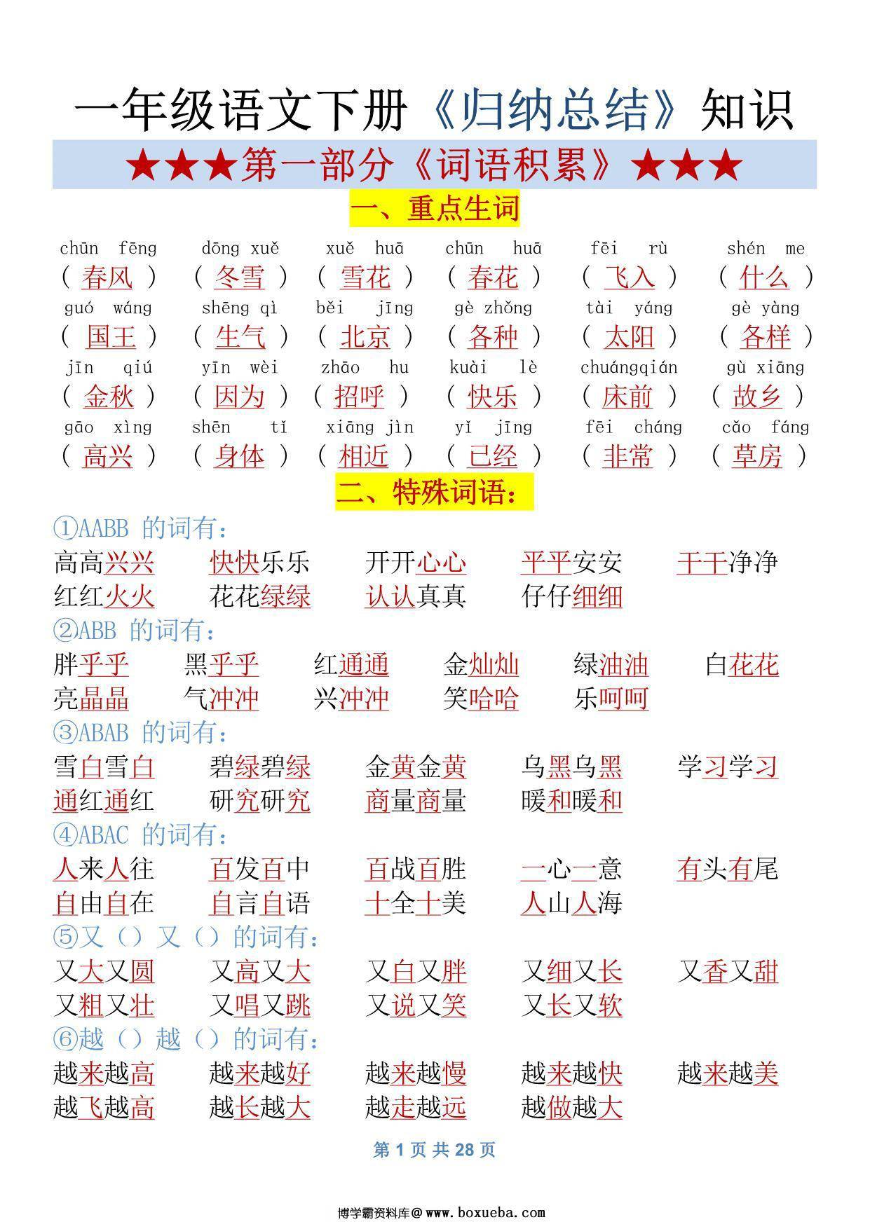 一年级语文下册归纳总结资料，28页PDF可打印-博学霸资料网