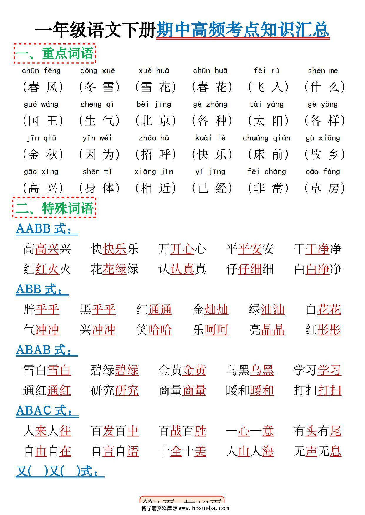 一年级语文下册期中高频考点知识汇总，12页PDF电子版-博学霸资料网