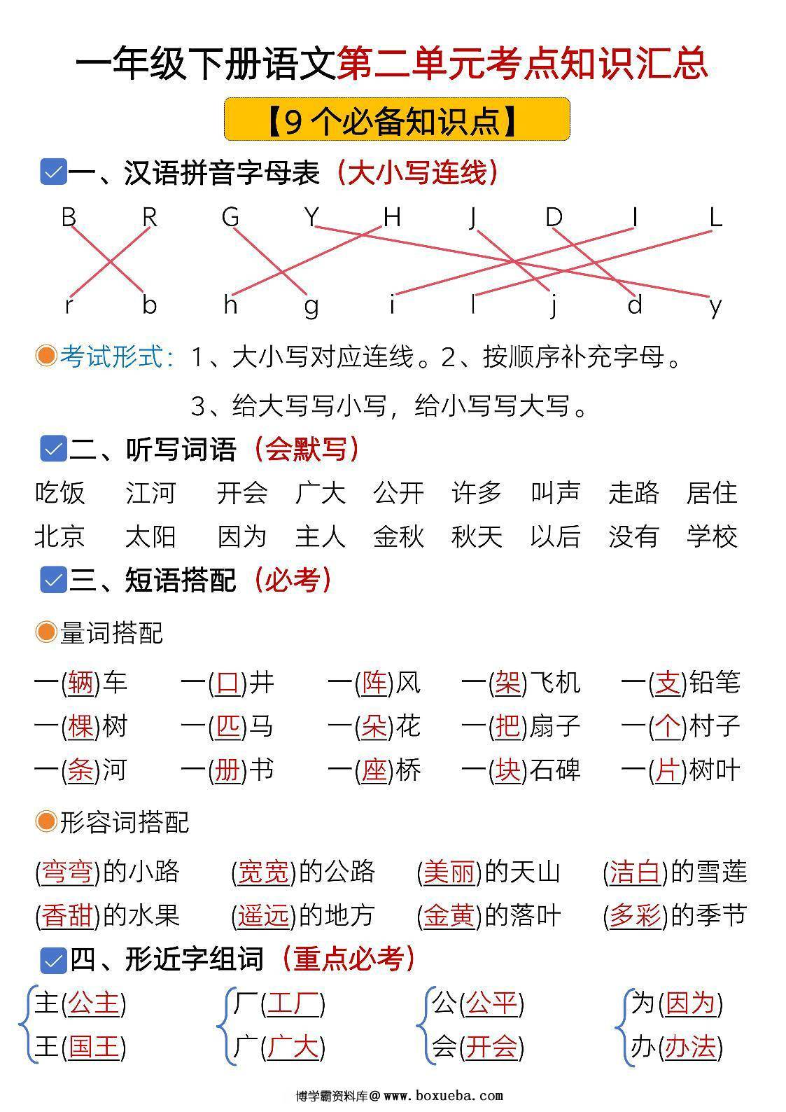 一年级下册语文第二单元考点知识汇总-9个必备知识点，6页PDF电子版-博学霸资料网