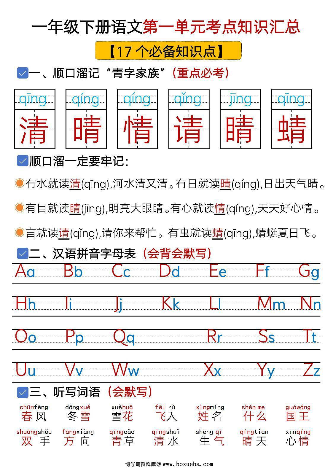 一年级下册语文第一单元考点知识汇总-17个必备知识点，11页PDF电子版-博学霸资料网