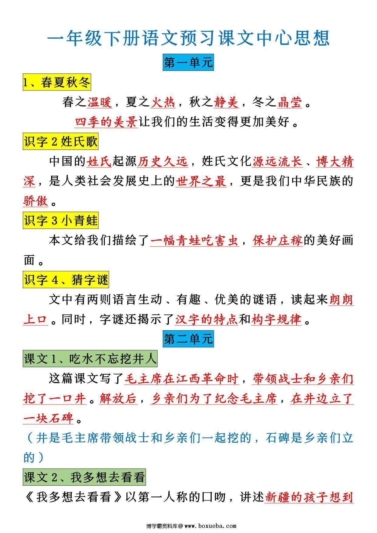 一年级下册语文全册预习课文中心思想，6页PDF电子版-博学霸资料网