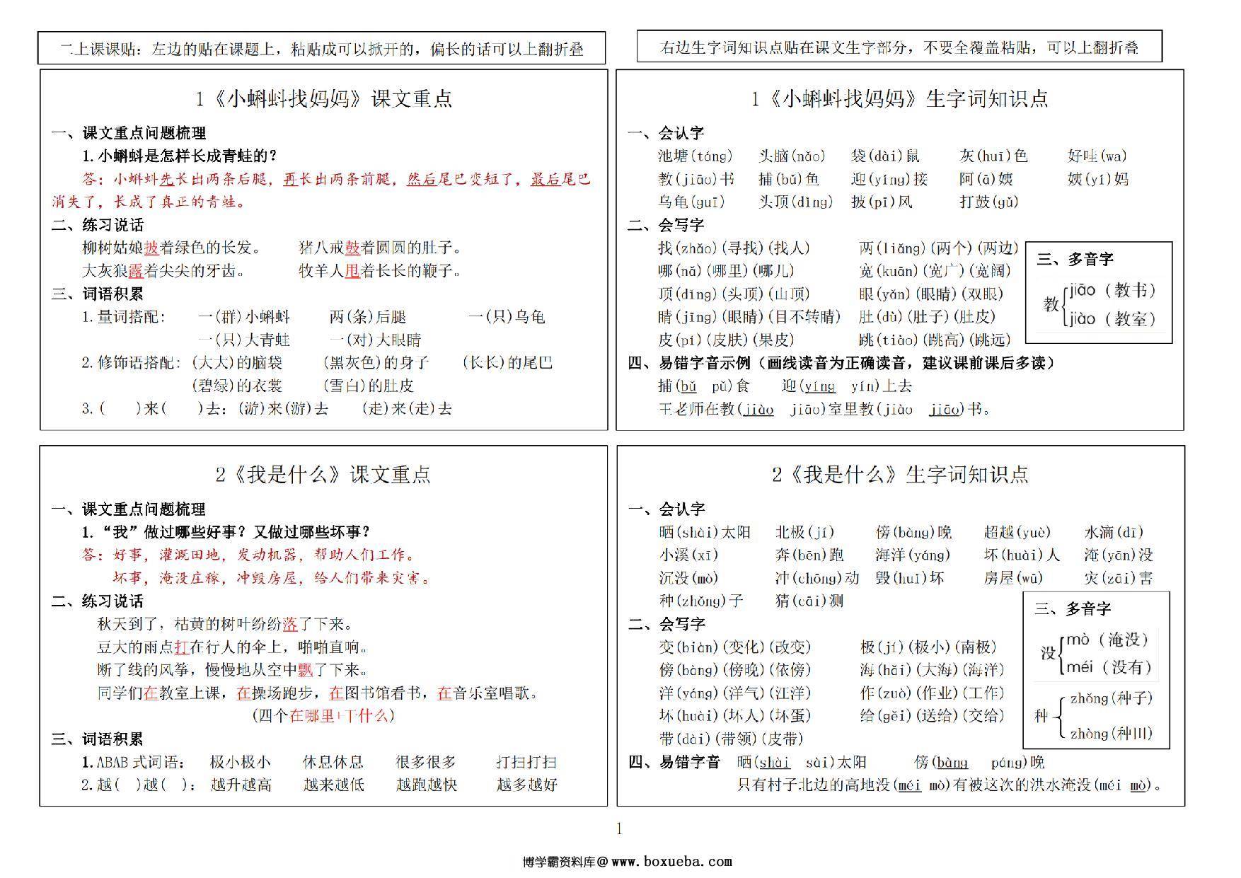 2024秋二年级上册语文新版课课贴-课文重点+生字词知识点，14页PDF电子版-博学霸资料网