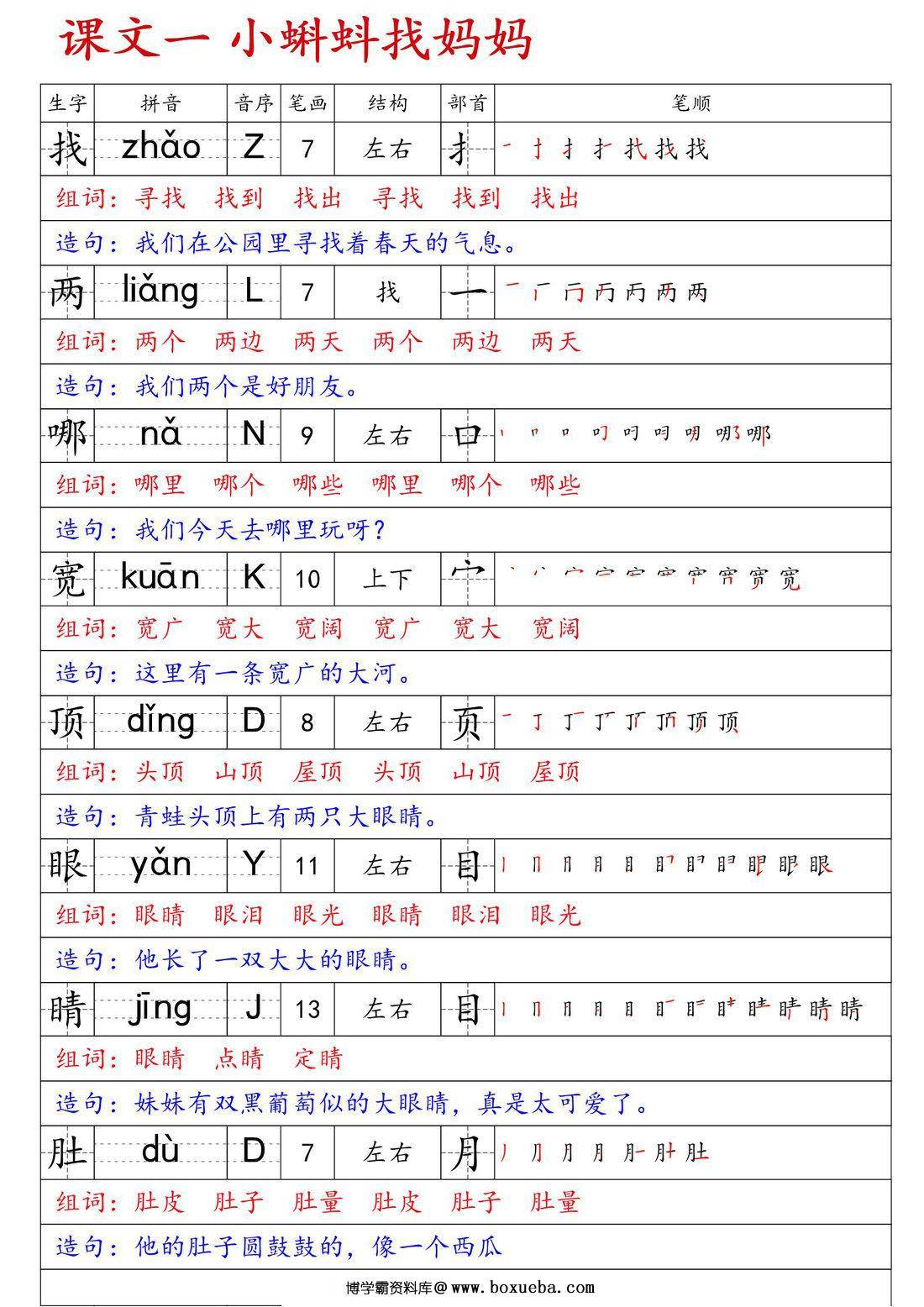 二年级上册语文生字预习卡（生字拼音笔画笔顺组词造句），24页PDF电子版-博学霸资料网
