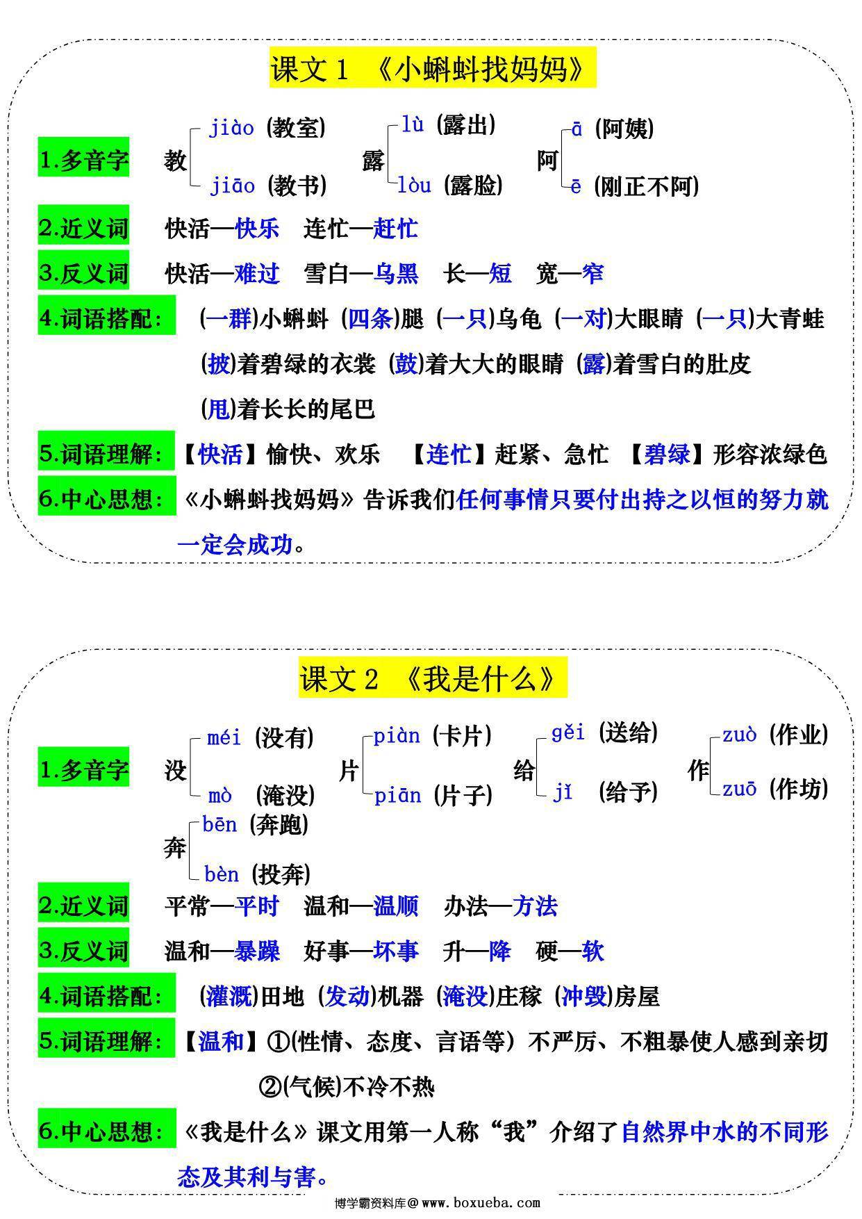 二年级上册语文每课课课贴，18页PDF可打印-博学霸资料网