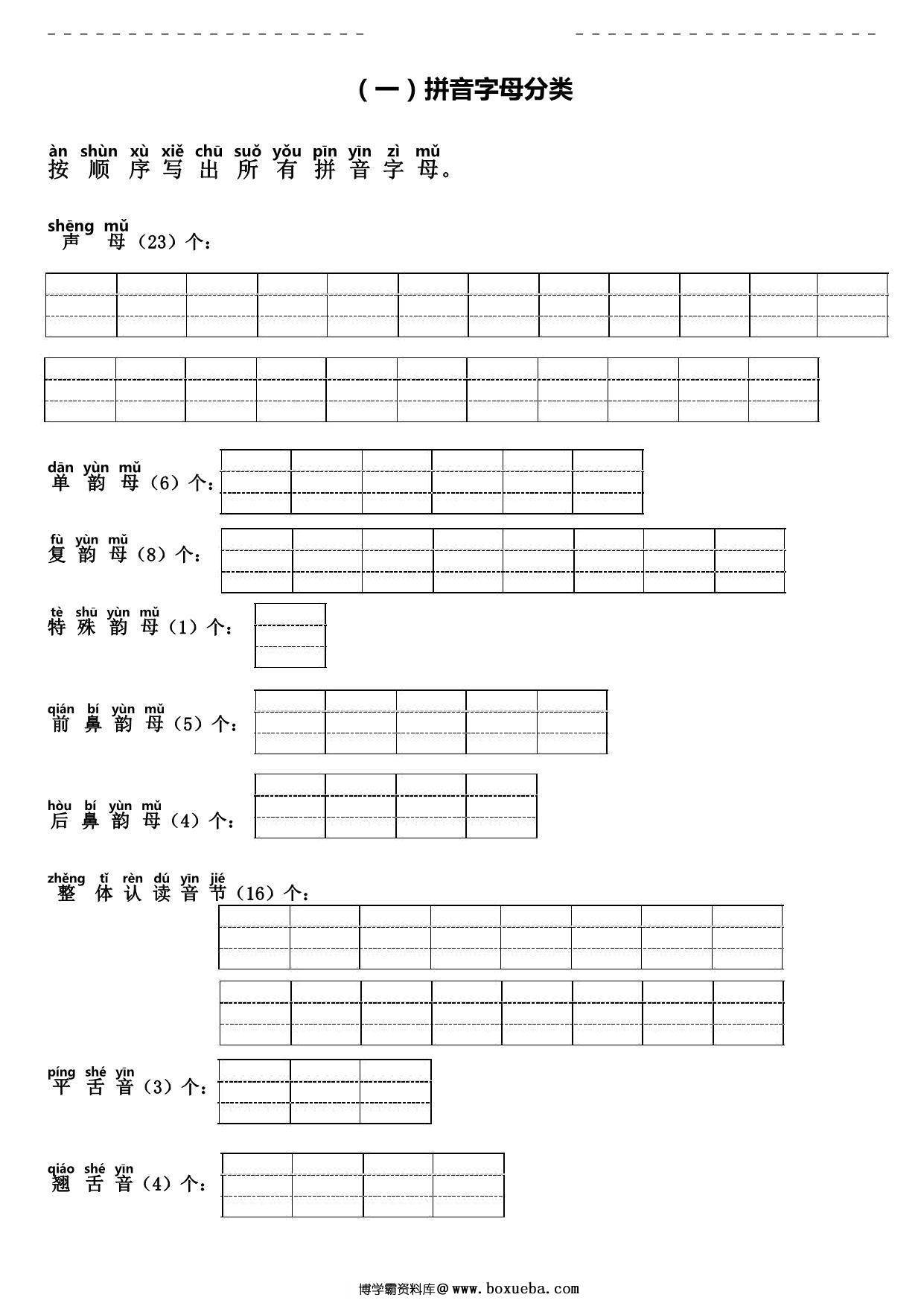 [7月27修正] 拼音字母分类、音节标调、拼音书写、三拼音节，拼音综合试卷，6页PDF电子版-博学霸资料网