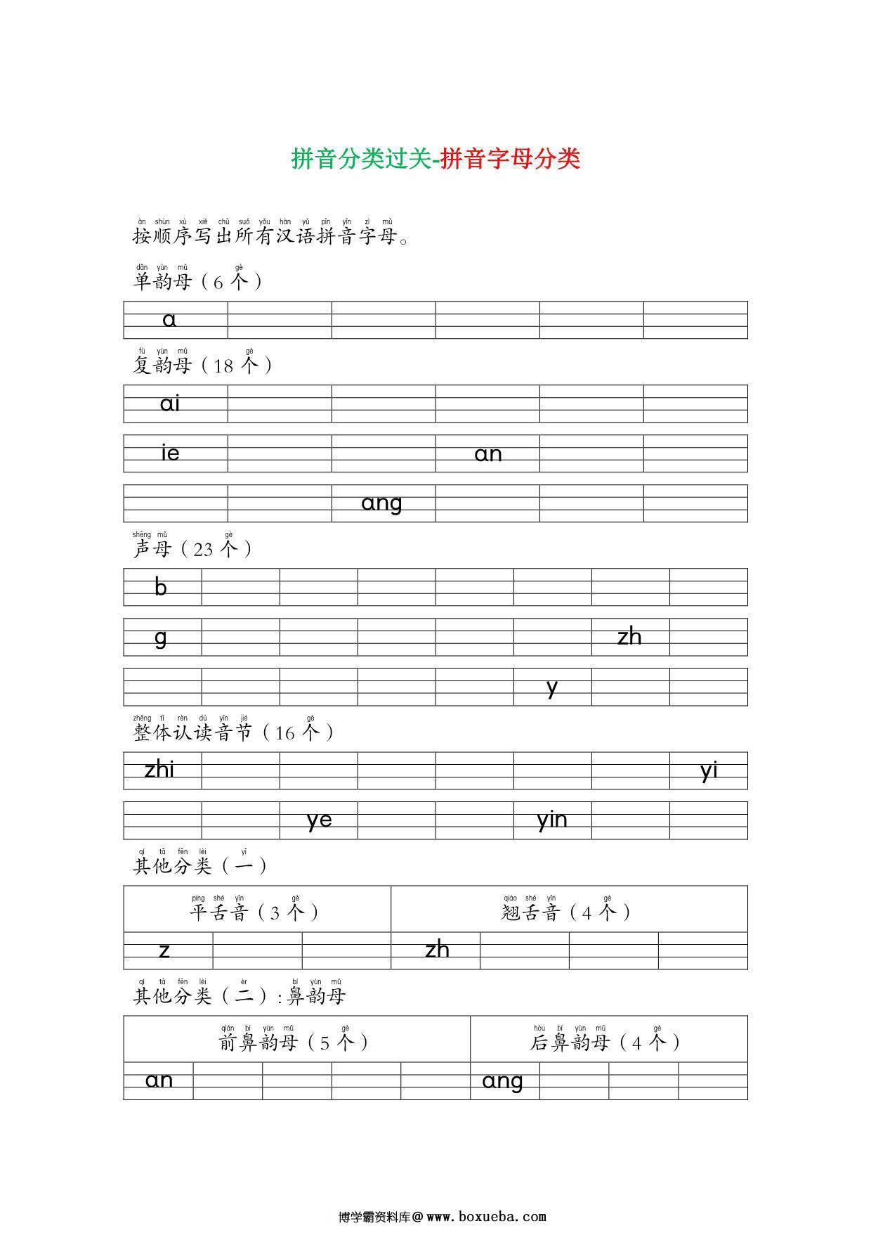 一年级语文上册拼音分类过关测试卷 7页PDF-博学霸资料网