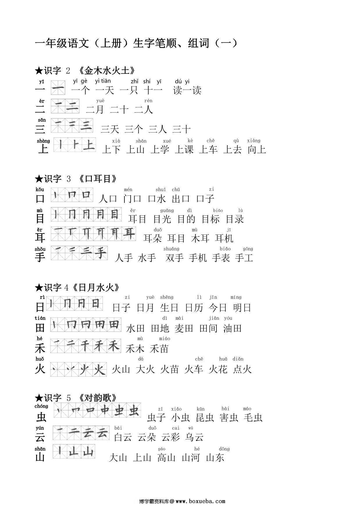 一年级语文上册生字笔顺组词大全 7页PDF-博学霸资料网