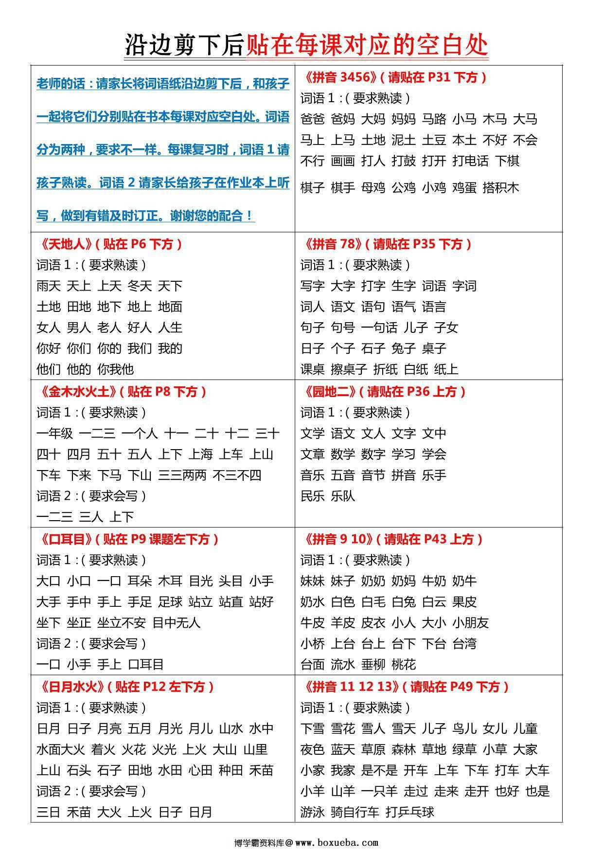一年级上册语文课课贴，5页PD电子版-博学霸资料网