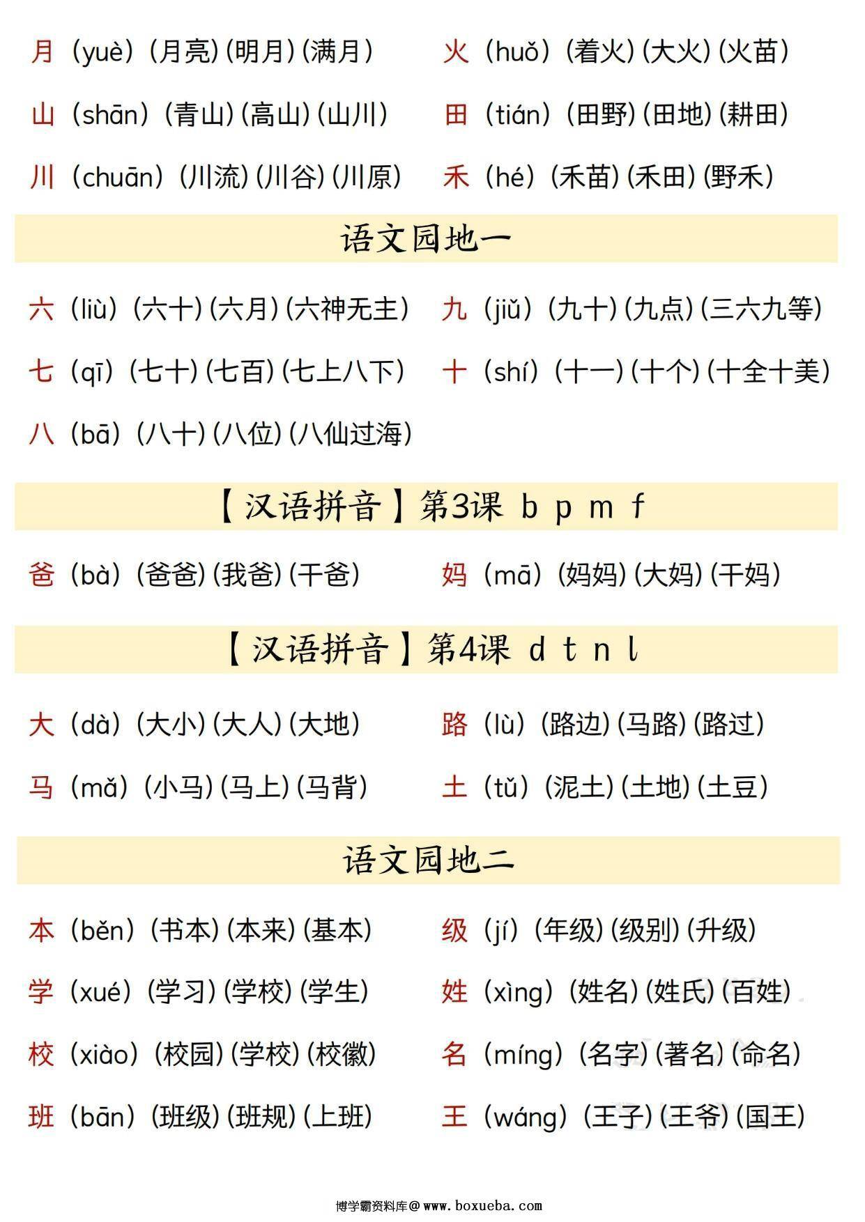图片[2]-24秋新版一年级上册语文识字表生字、拼音、组词汇总，11页PDF可打印-淘学学资料库