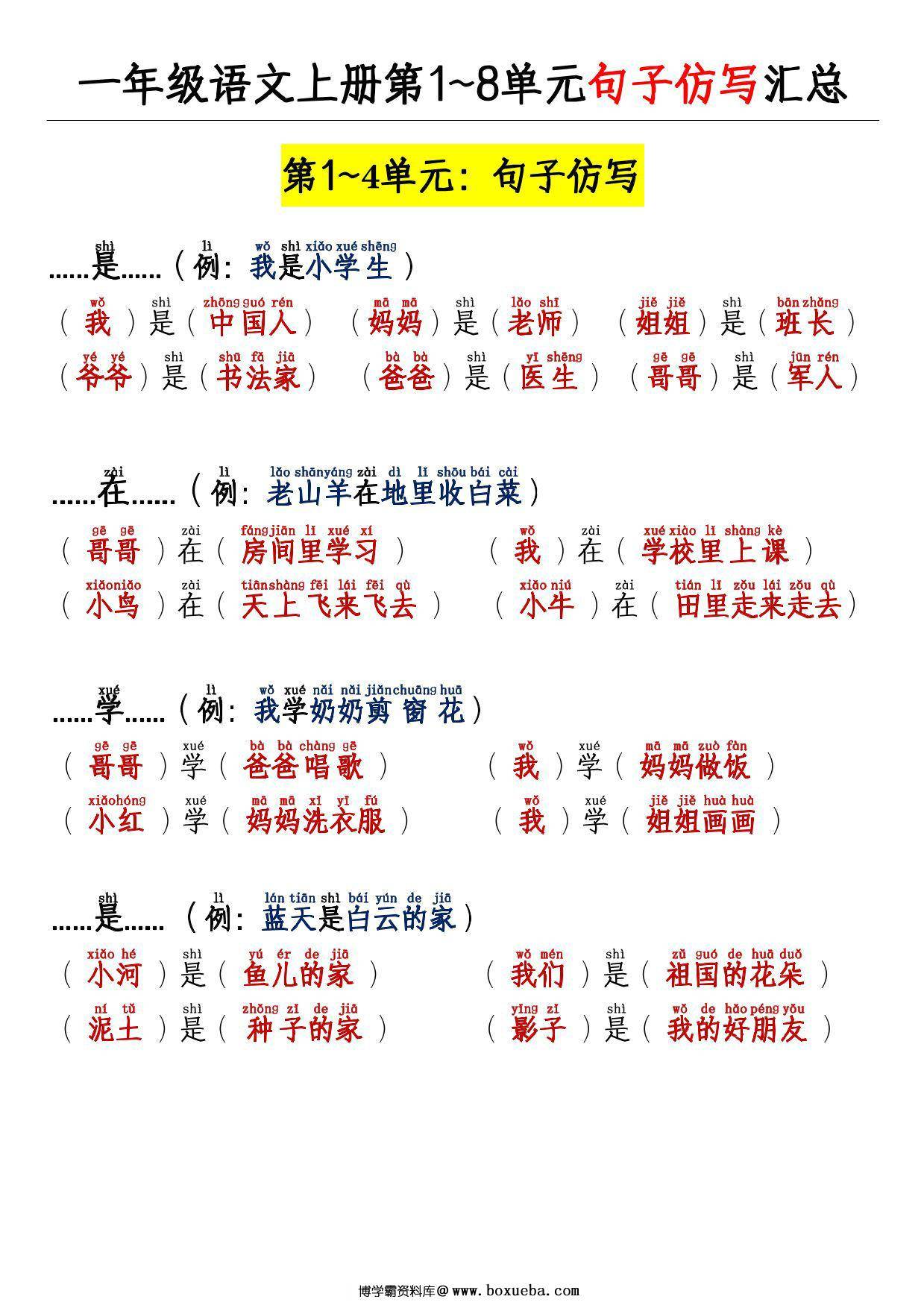 2024秋新版一年级上册语文第1~8单元句子仿写专项，14页PDF可打印-博学霸资料网