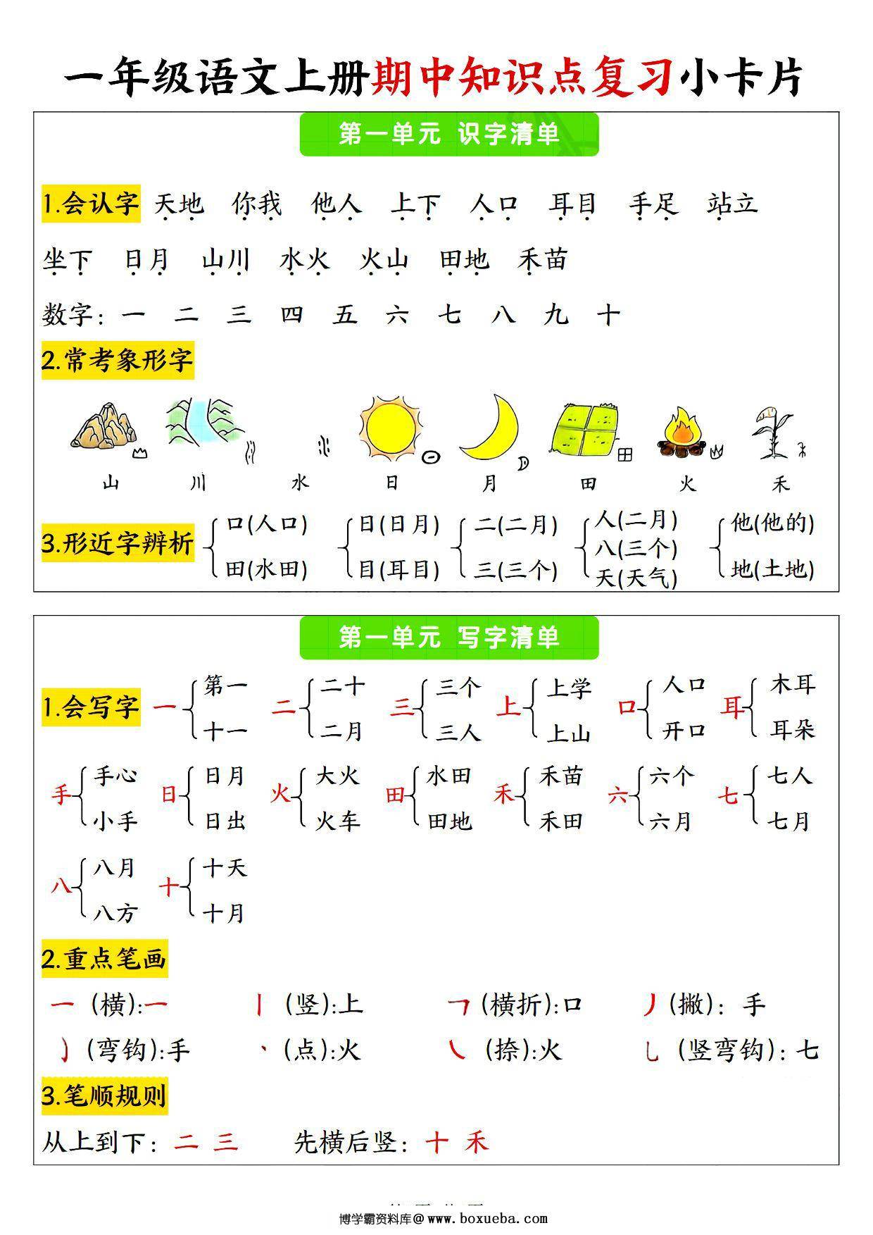 24年秋一年级语文上册1-4单元期中知识点复习小卡片，6页PDF电子版-博学霸资料网