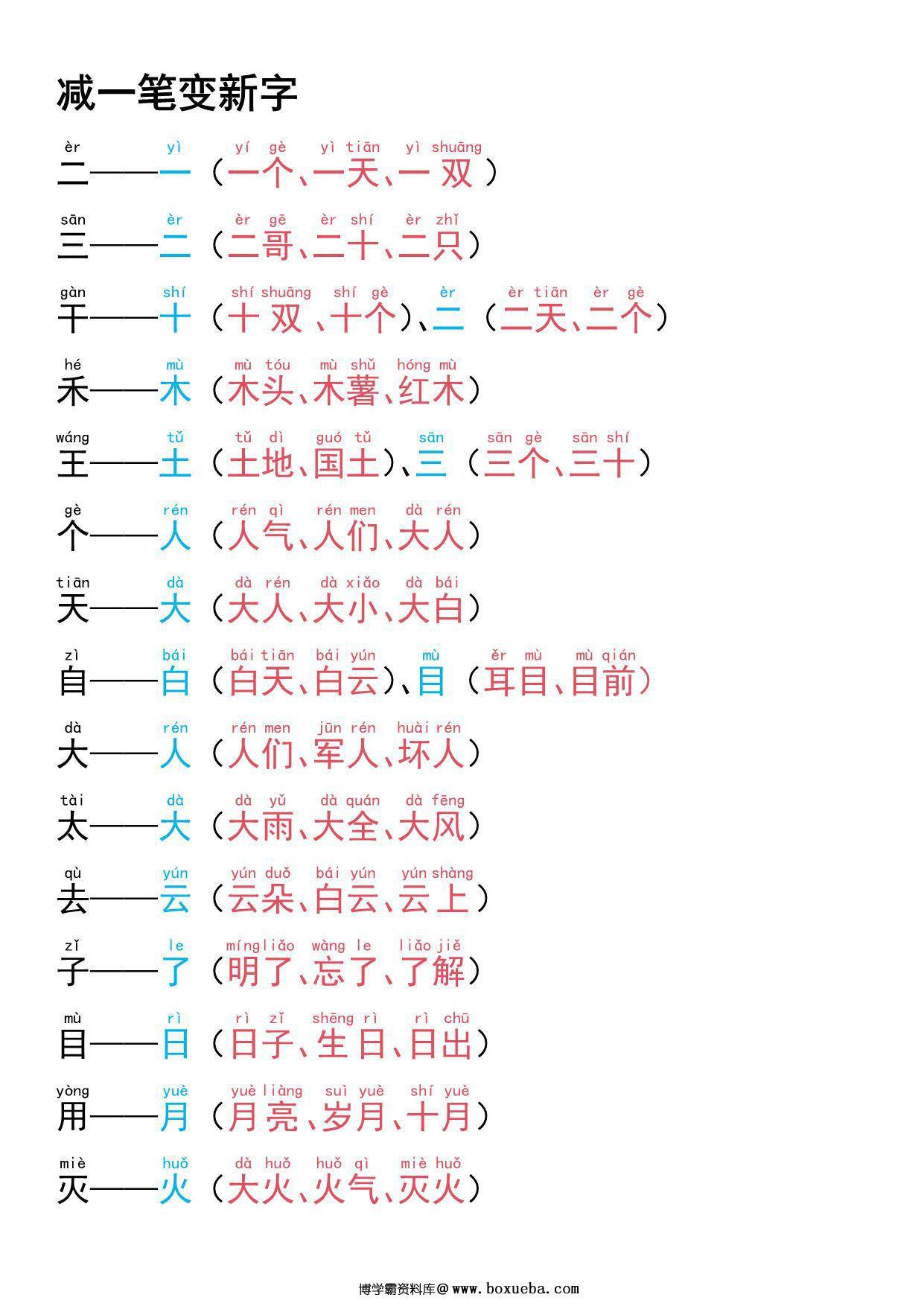 图片[2]-一年级语文上册专项练习加一笔减一笔变新字，9页PDF电子版可打印-淘学学资料库