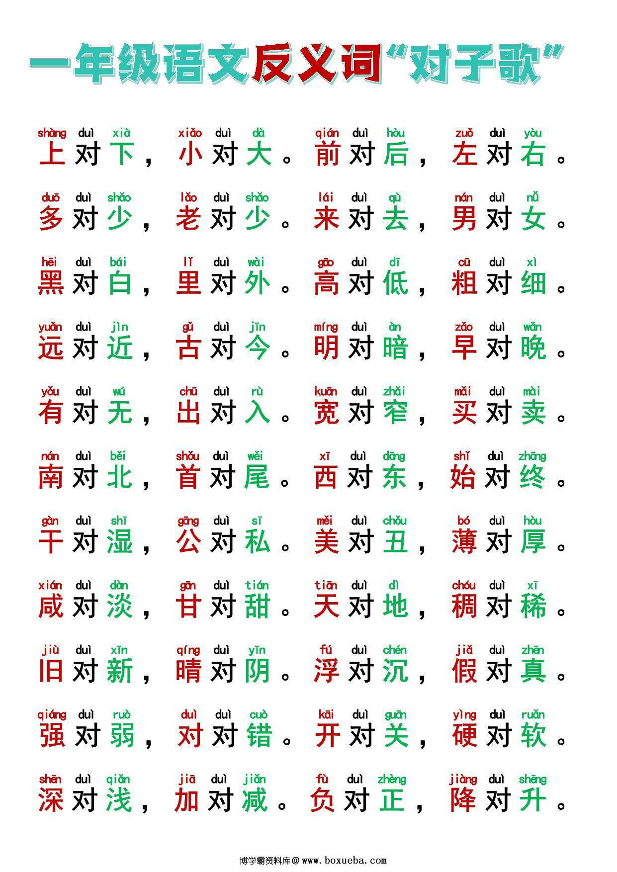 一年级反义词+近义词“对子歌”，8页PDF电子版可打印-博学霸资料网