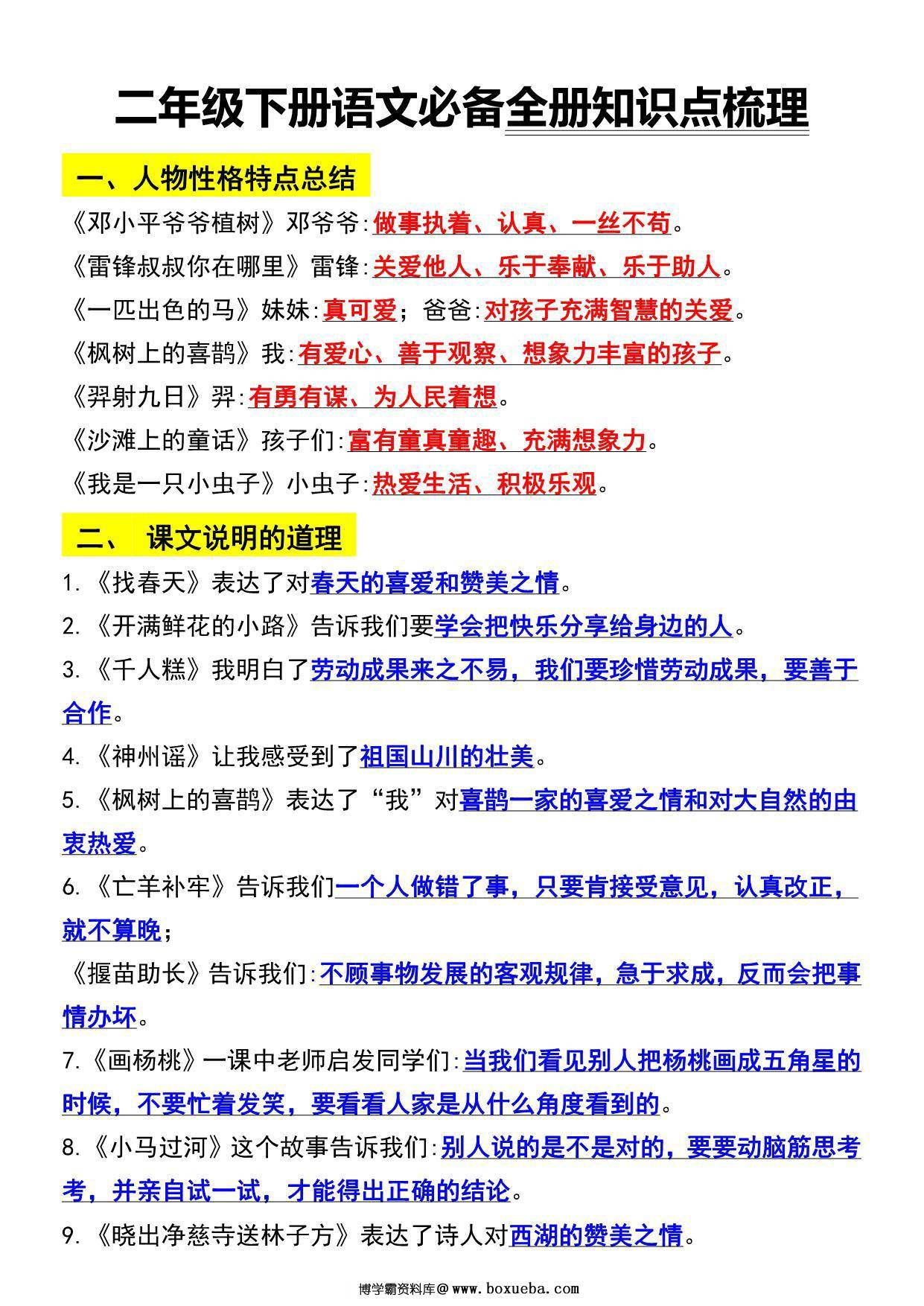 二年级语文下册知识点归纳总复习，9页PDF可打印-博学霸资料网