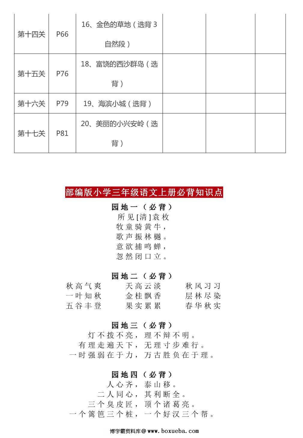 图片[2]-三年级上册语文背诵课文内容及闯关表，8页PDF电子版-淘学学资料库