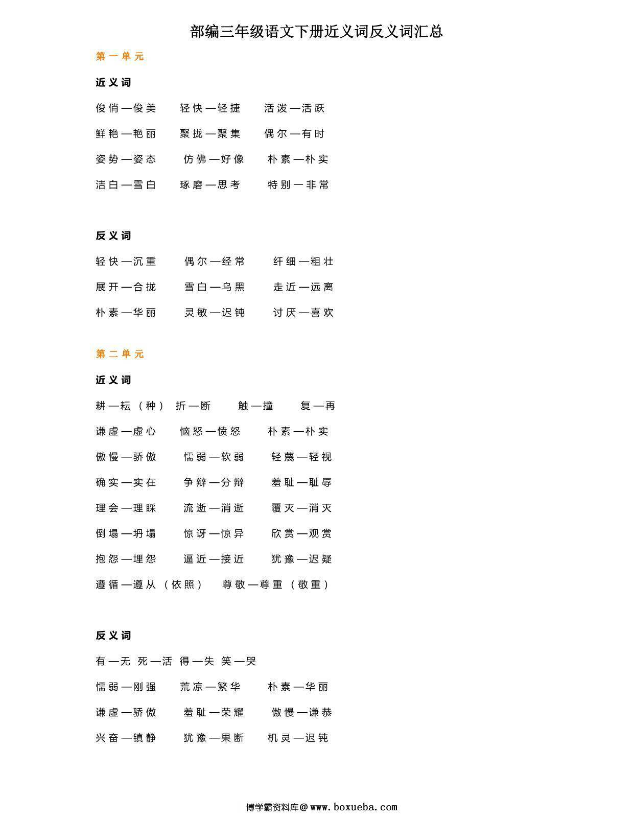 部编三年级语文下册近义词反义词汇总，5页PDF-博学霸资料网