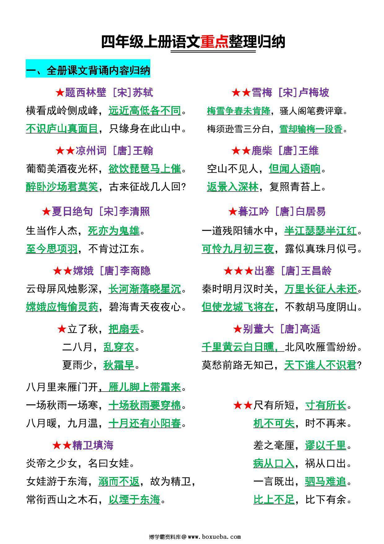 四年级上册语文重点整理归纳，20页PDF电子版-博学霸资料网