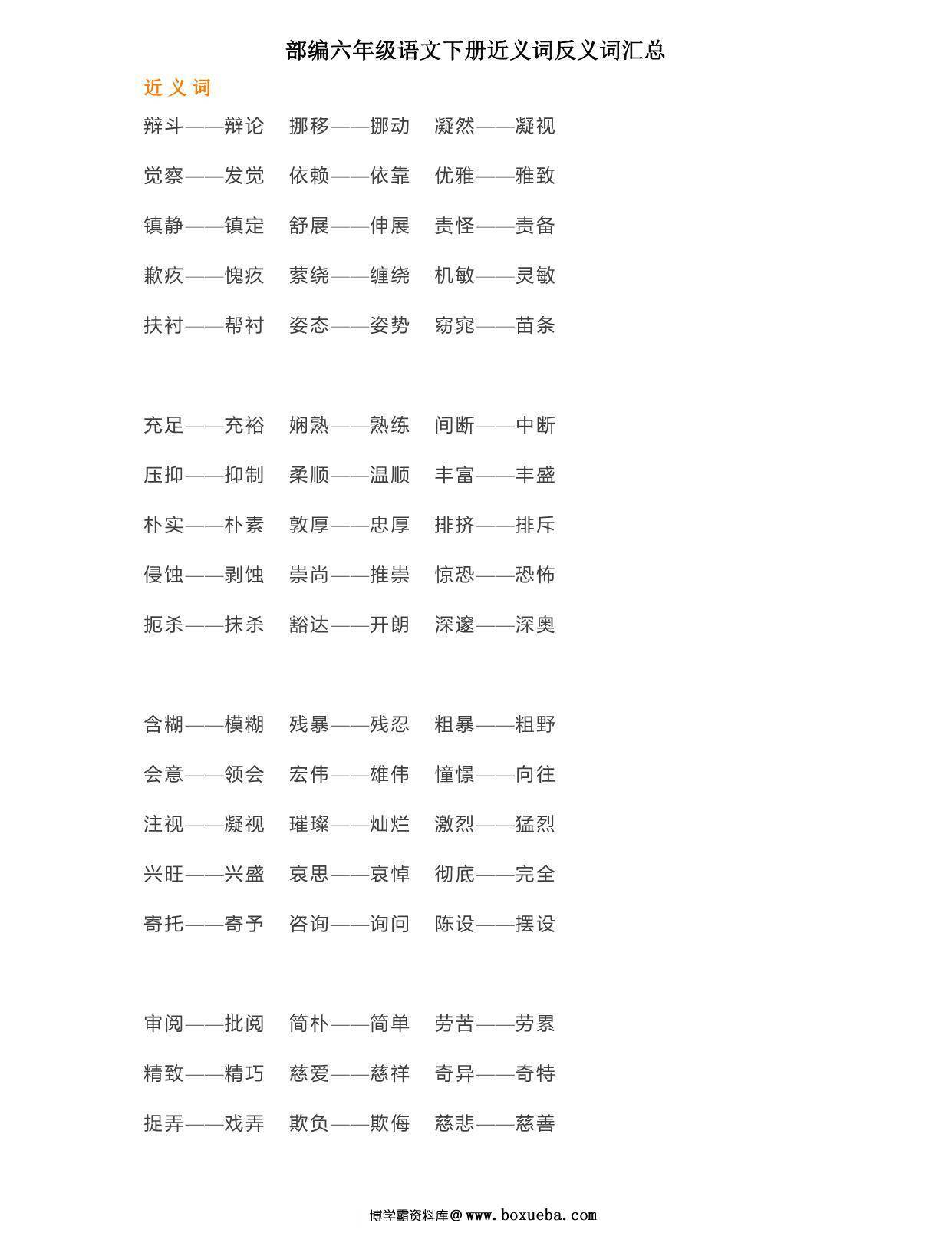 部编六年级语文下册近义词反义词汇总，4页PDF-博学霸资料网