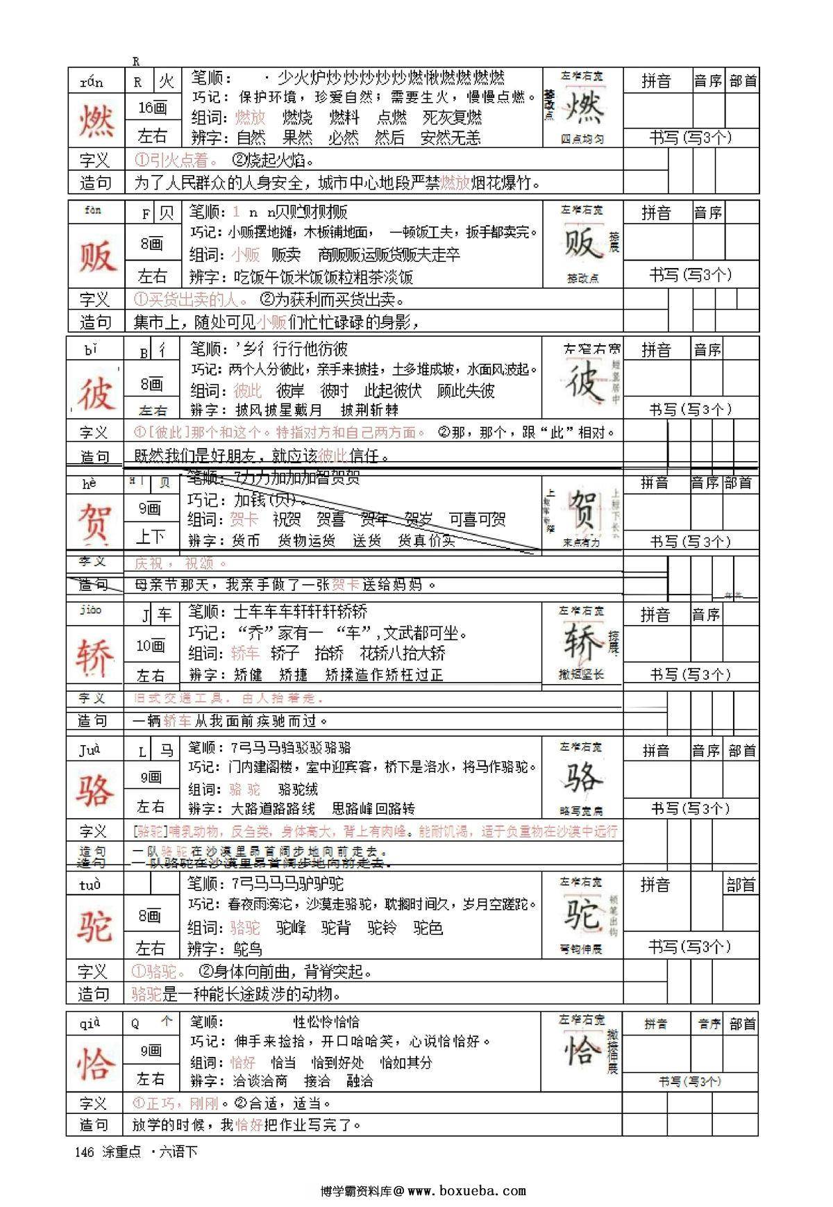 六年级语文下册字词预习册，64页pdf可打印-博学霸资料网
