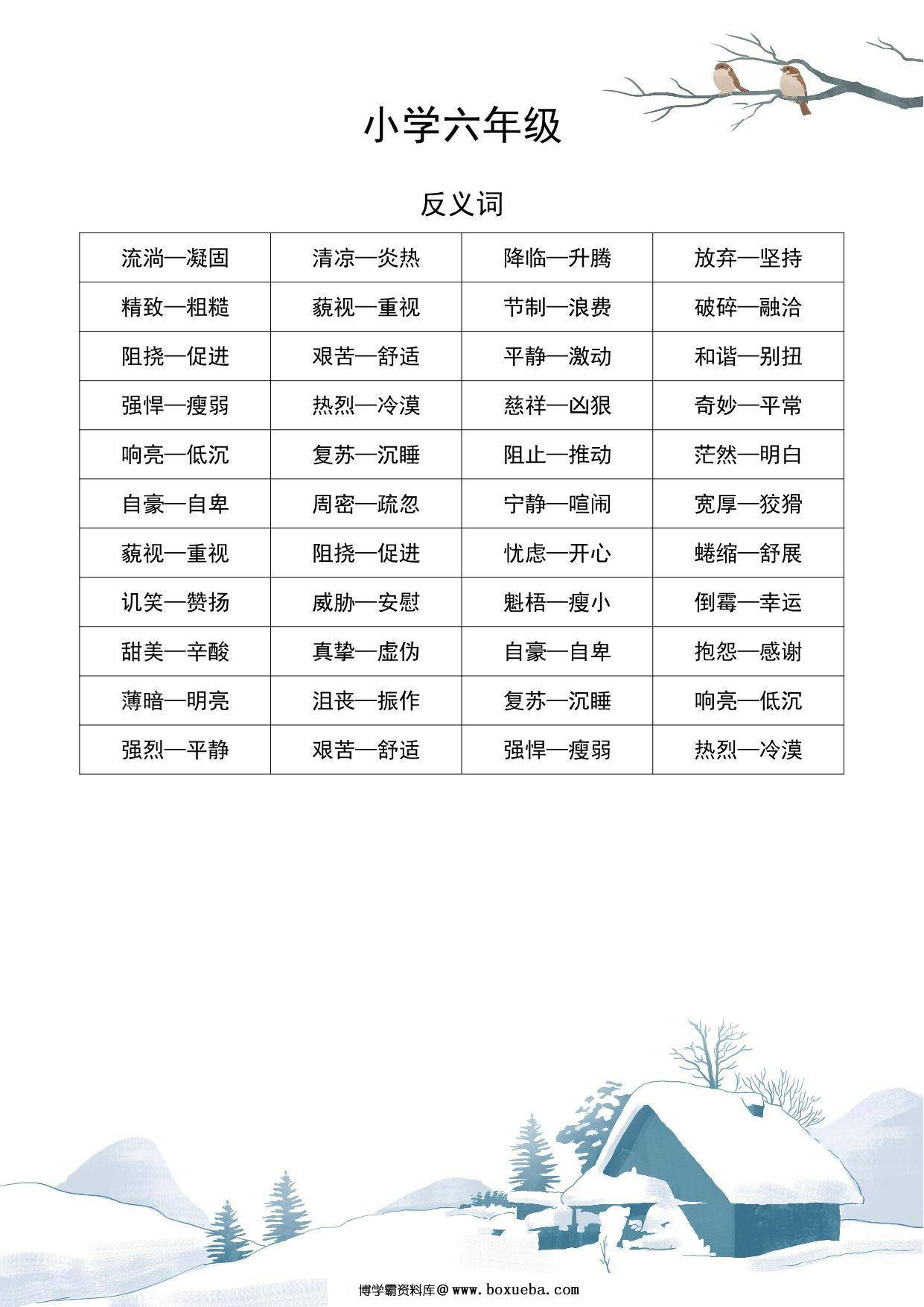 六年级语文近义词和反义词汇总，2页PDF电子版-博学霸资料网