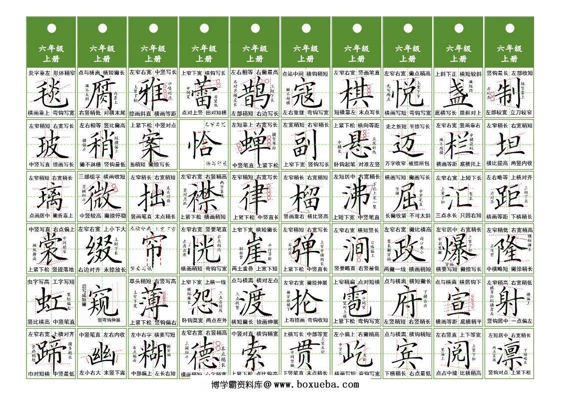 六年级上册语文同步精讲字卡，5页PDF可打印-博学霸资料网