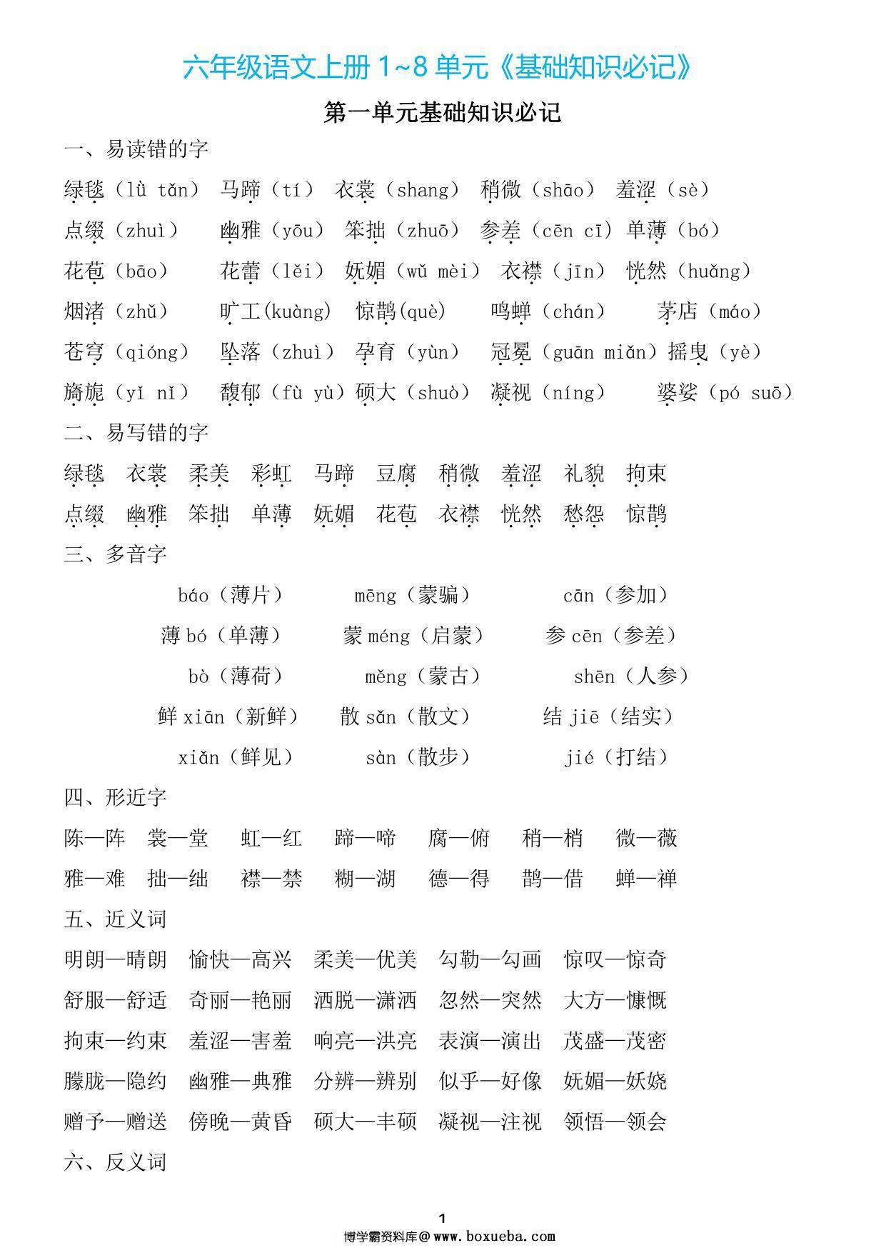 六年级上册语文1~8单元《基础知识必记》，21页PDF电子版-博学霸资料网