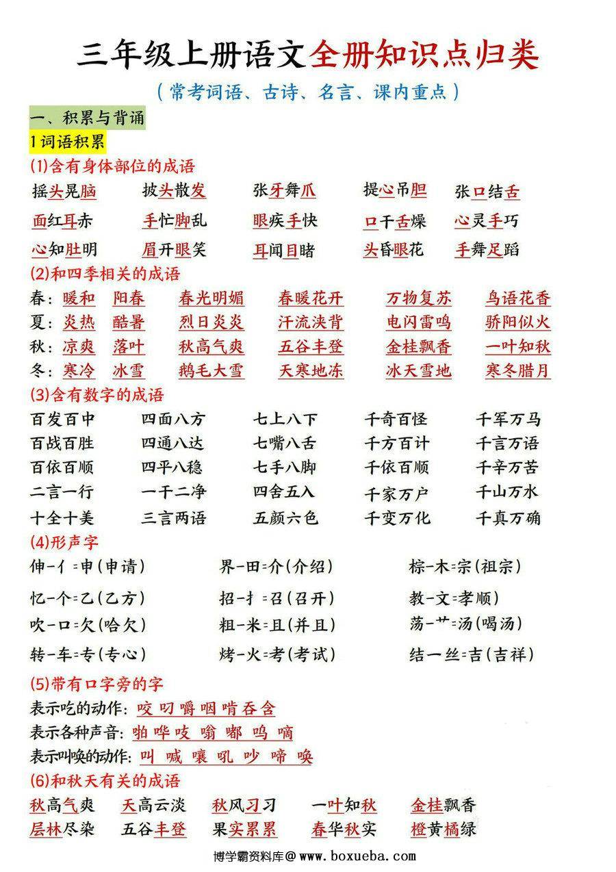 三年级上册语文全册知识点归类（常考词语、古诗、名言、课内重点），20页PDF电子版-博学霸资料网