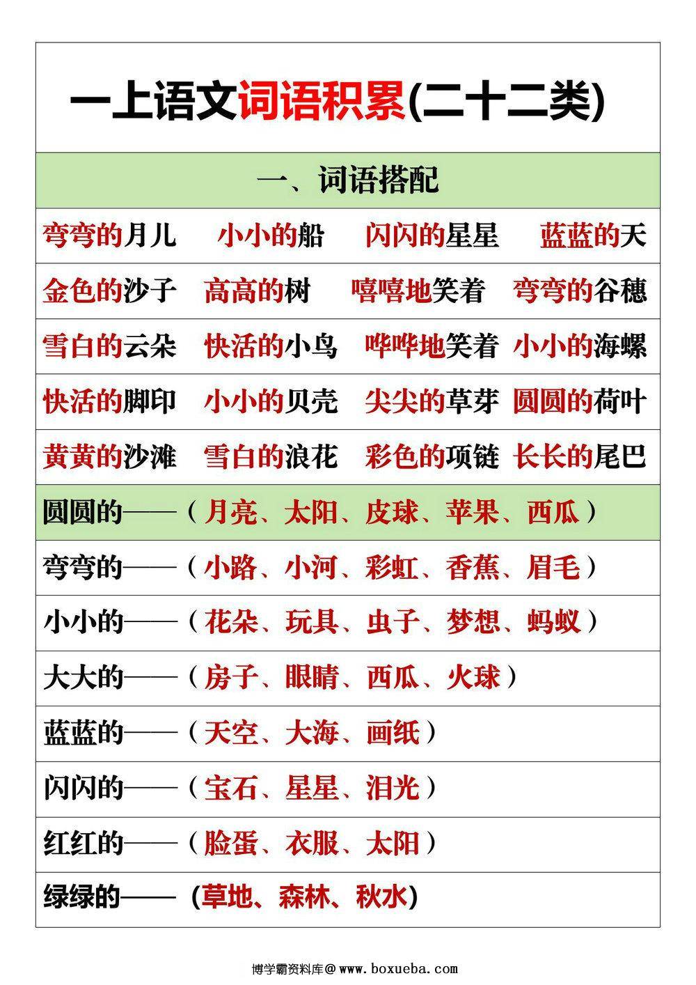 一年级上册语文词语积累(二十二类)，11页PDF电子版-博学霸资料网