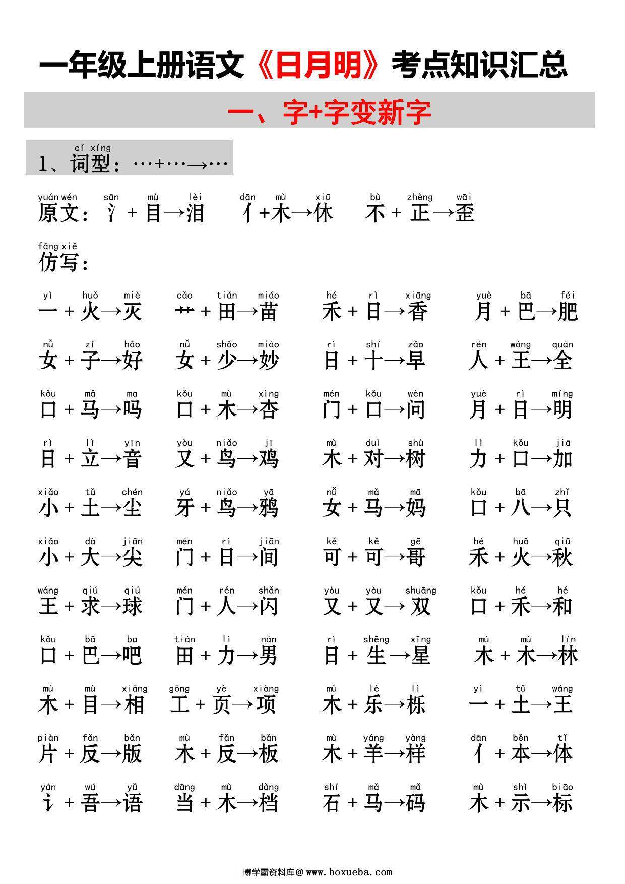 一年级上册语文《日月明》考点知识汇总（字加字变新字+字词总结+练习），3页PDF可打印-博学霸资料网