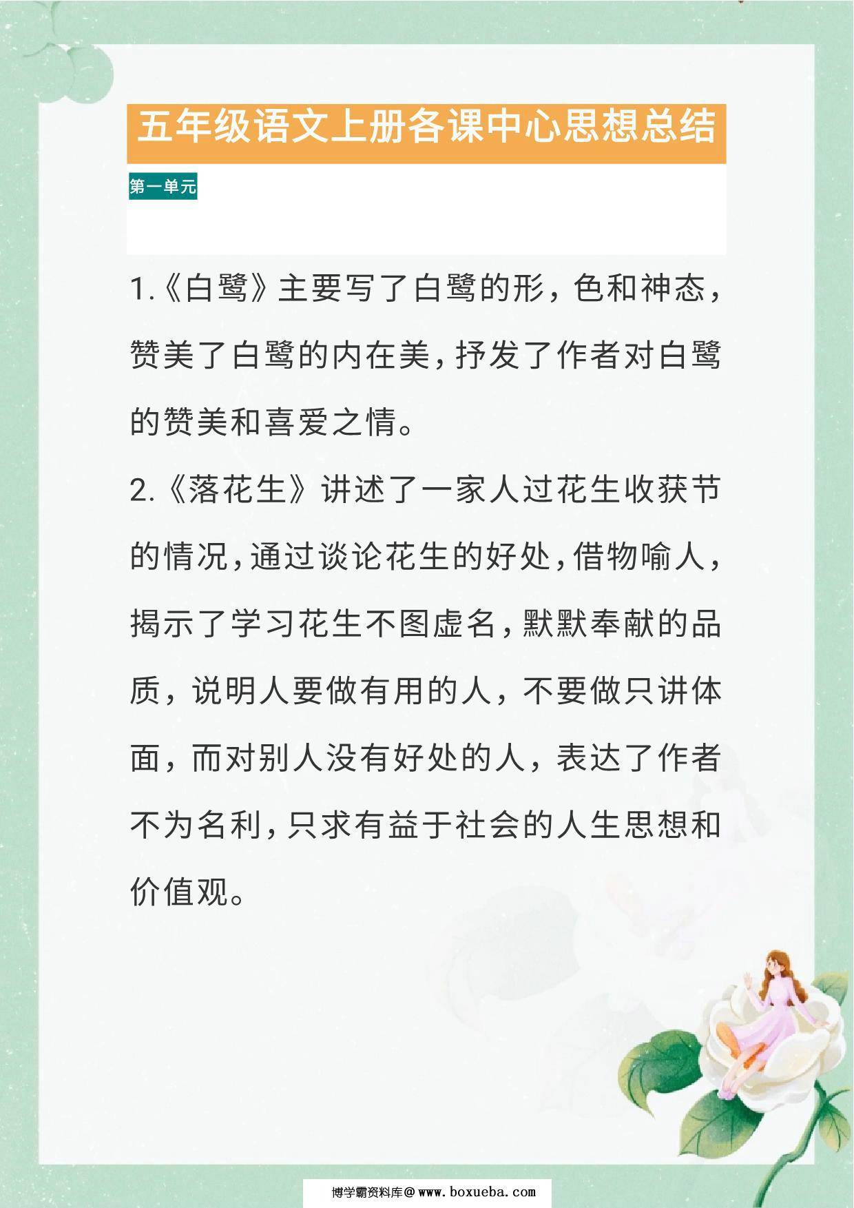 五年级语文上册各课中心思想总结（版本二），12页PDF电子版-博学霸资料网